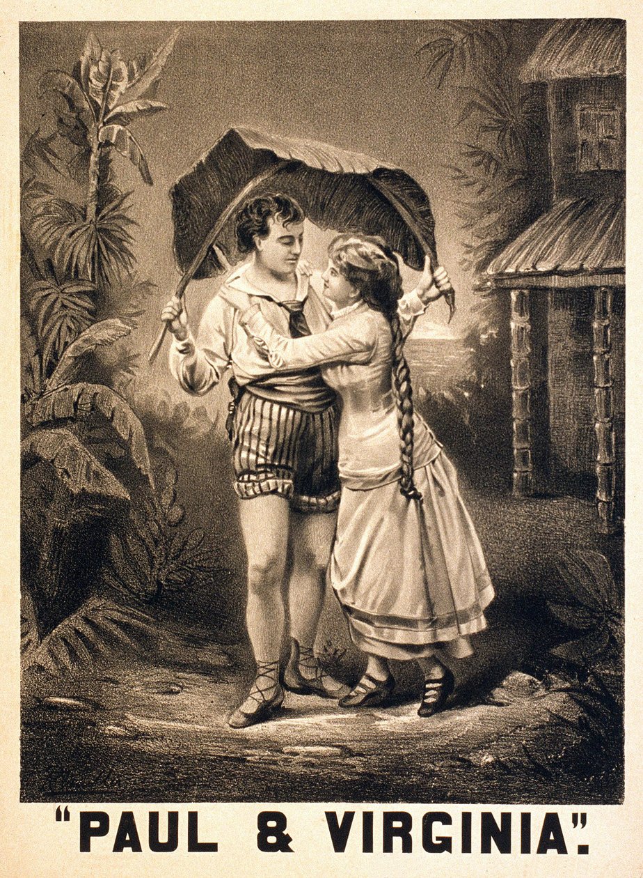 Ilustração sobre Paul e Virgínia. Romano de Henri Bernardin de Saint Pierre (Saint-Pierre ou St-Pierre), escritor francês (1737-1814). Litografia, por volta de 1880. de Unknown artist