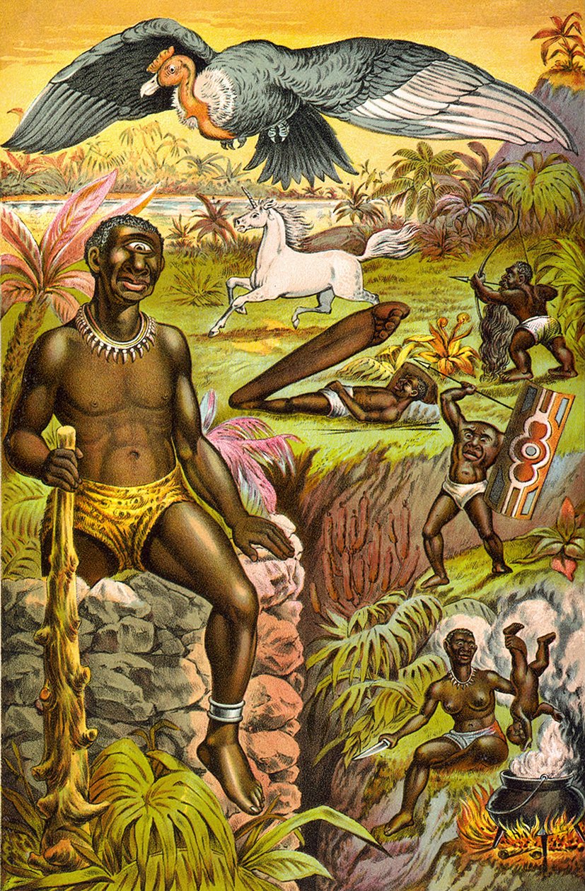 Ilustração com monstros imaginários da África intitulada "superstições africanas ilustradas" (ciclopes, unicórnio...), cerca de 1889. de Unknown artist