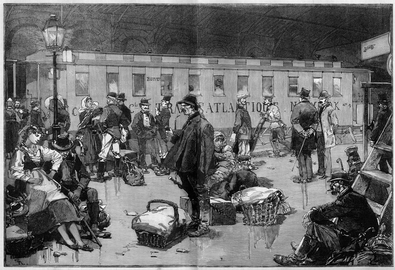 Imigração. Partida de emigrantes na Europa para os Estados Unidos da América: Vagão especial da companhia Transatlântica Geral que vai das fronteiras da Alemanha e Suíça para Havre onde os passageiros embarcarão para Nova Iorque. Gravação no "Le Monde de Unknown artist