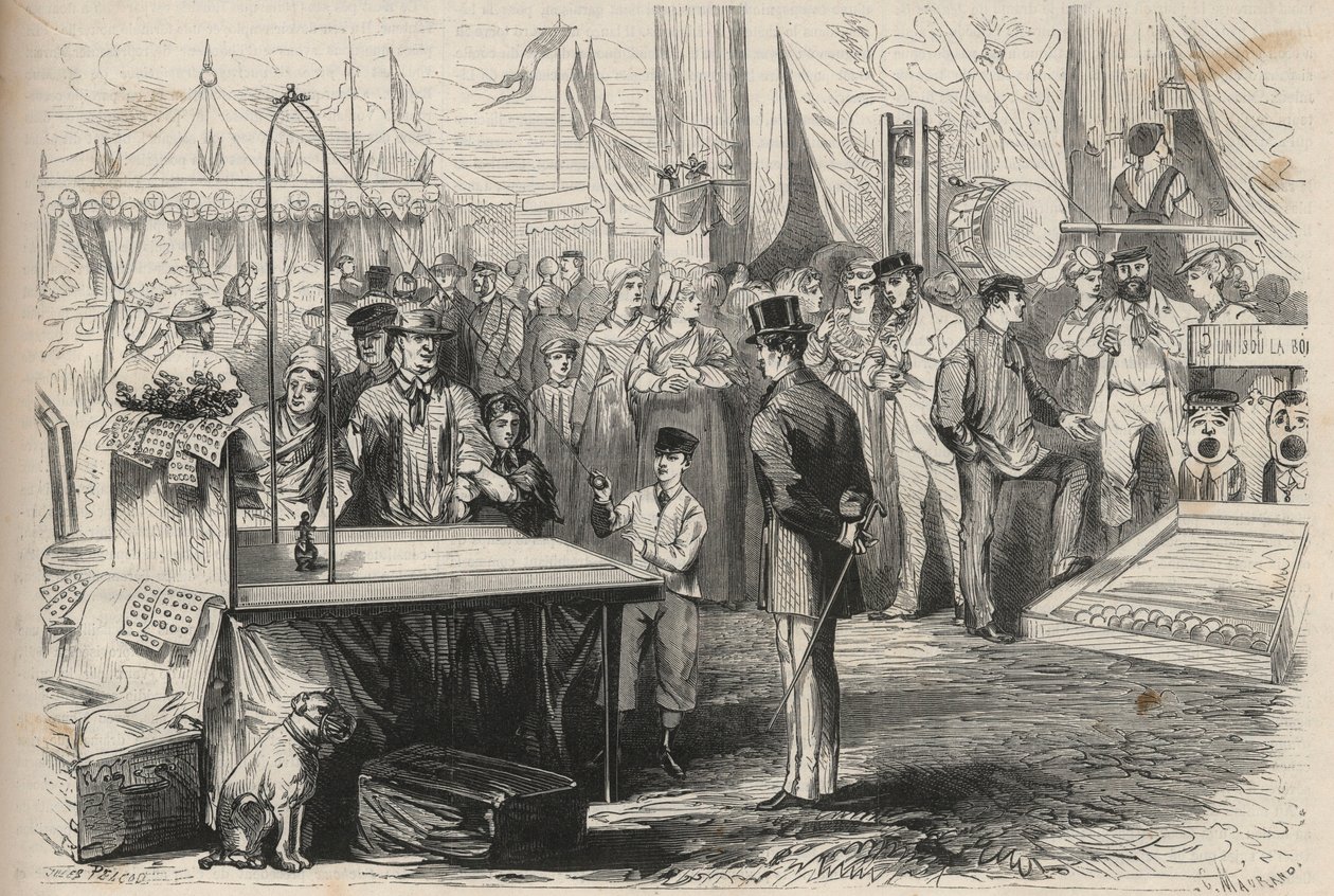 O príncipe imperial Eugene Louis Joseph (1856-1879), na festa de Fontainebleau. Ele tenta decoificar uma marionete com a ajuda de uma bola pendurada num cordel. Gravura em "O Universo ilustre". de Unknown artist