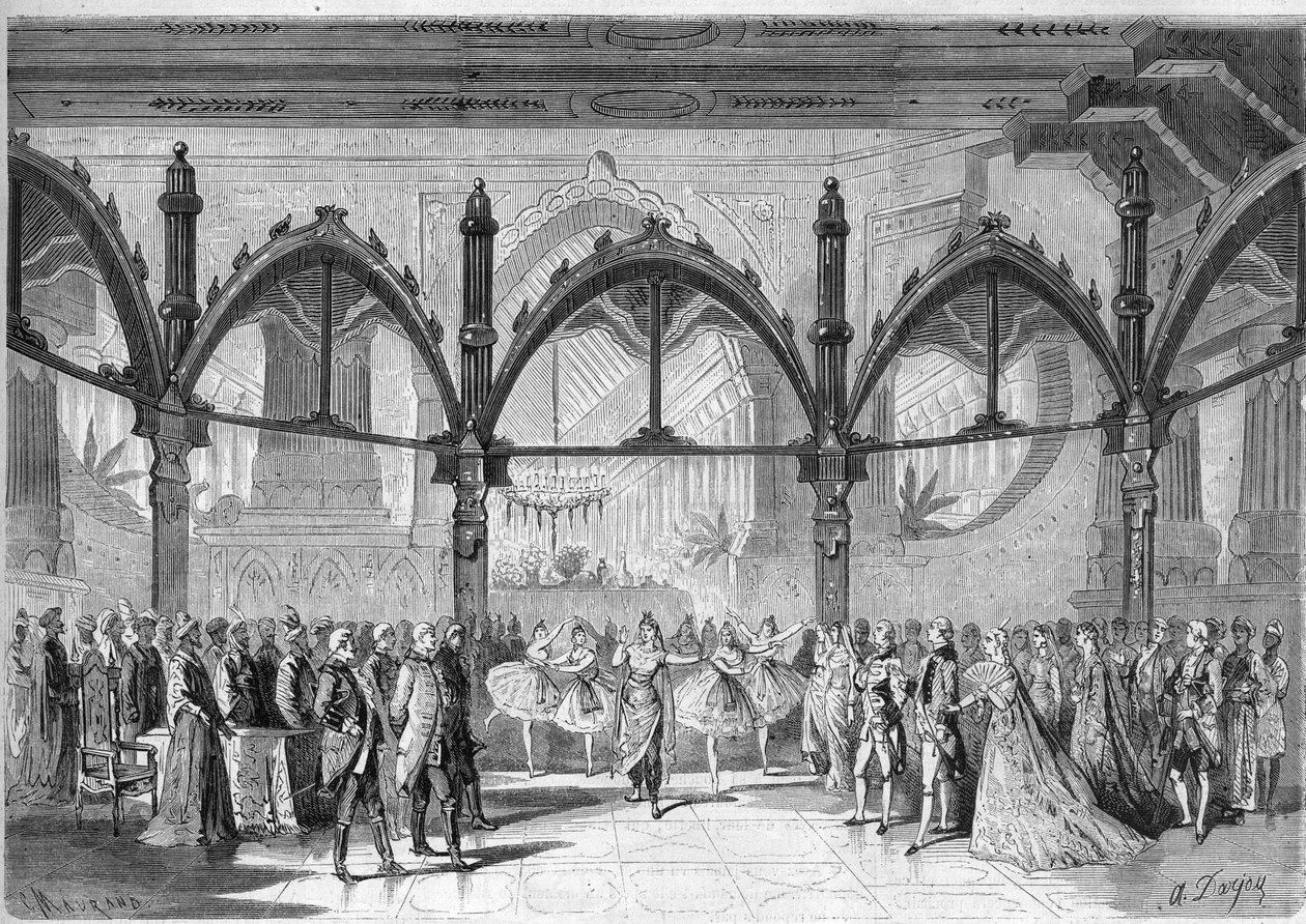 Teatro Imperial da Ópera Cómica: Cena IV, Acto II da ópera "O Primeiro Dia da Felicidade" de Daniel Francois Esprit Auber (1782-1871). Gravura em "O Universo Ilustre". de Unknown artist