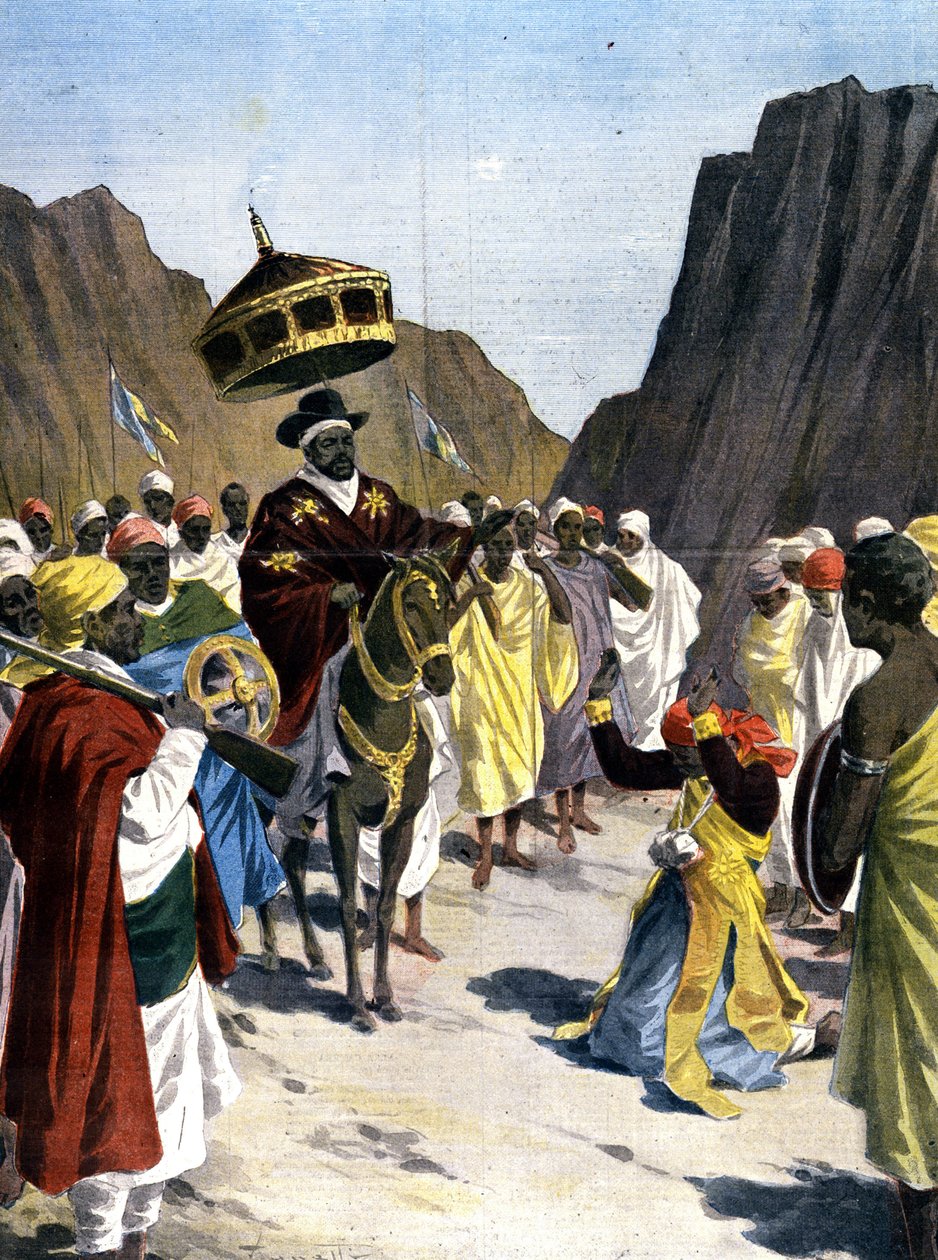 Em Borumieda, o Ras Mangacha, governador da província de Tigrai (Tigray) na Abissínia, faz um ato de submissão a Negus Menelik II (1844 - 1913) com a pedra ao redor de seu pescoço. 1899. Ill. de Silhouette para a imprensa. de Unknown artist