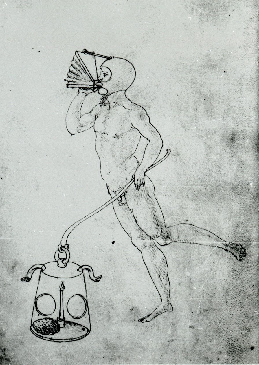 Em um volume de Francesco di Giorgio aparece este desenho retratando um fole para respirar debaixo d