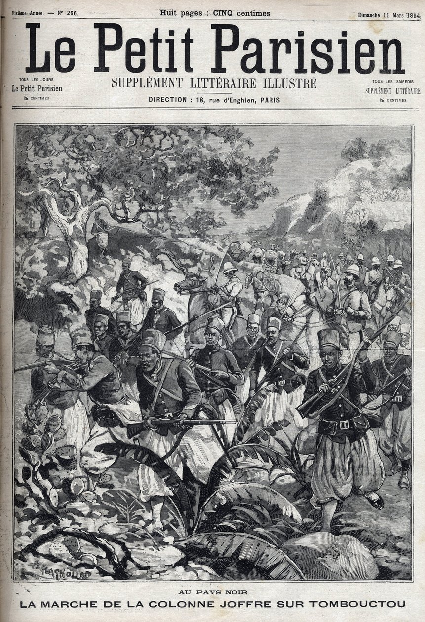 Nas colônias francesas: a marcha da coluna do general Joseph Joffre (1852-1931) e seu exército de spahis em Timbuktu (Mali). Gravura em "Le Parisien". de Unknown artist
