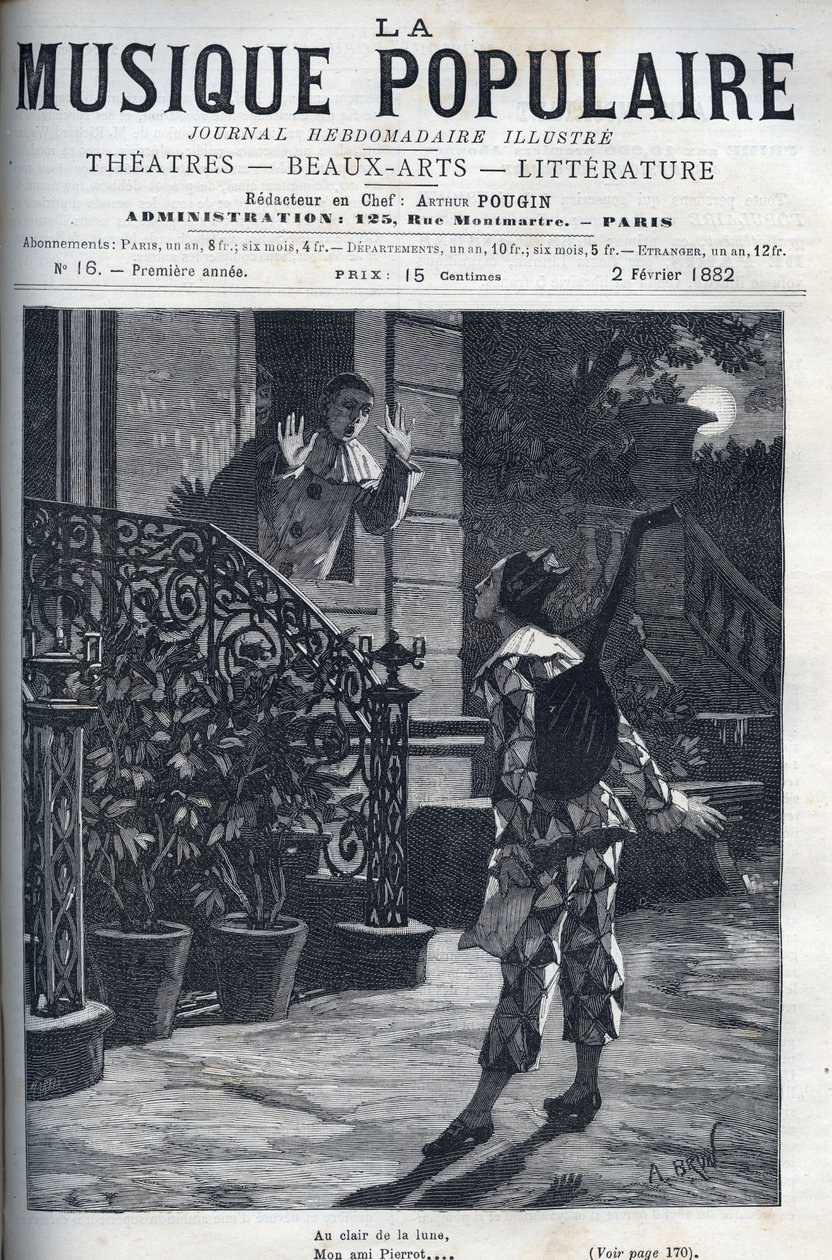 Ao luar, uma representação da canção popular. Arlequim na varanda de Pierrot, à luz da lua. de Unknown artist