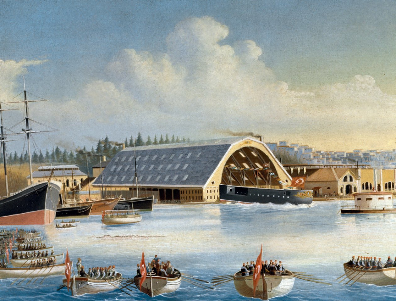 Inauguração de um navio no estaleiro Taskizak em 1880 Detalhe. Pintura. Istambul, Museu Naval de Unknown artist