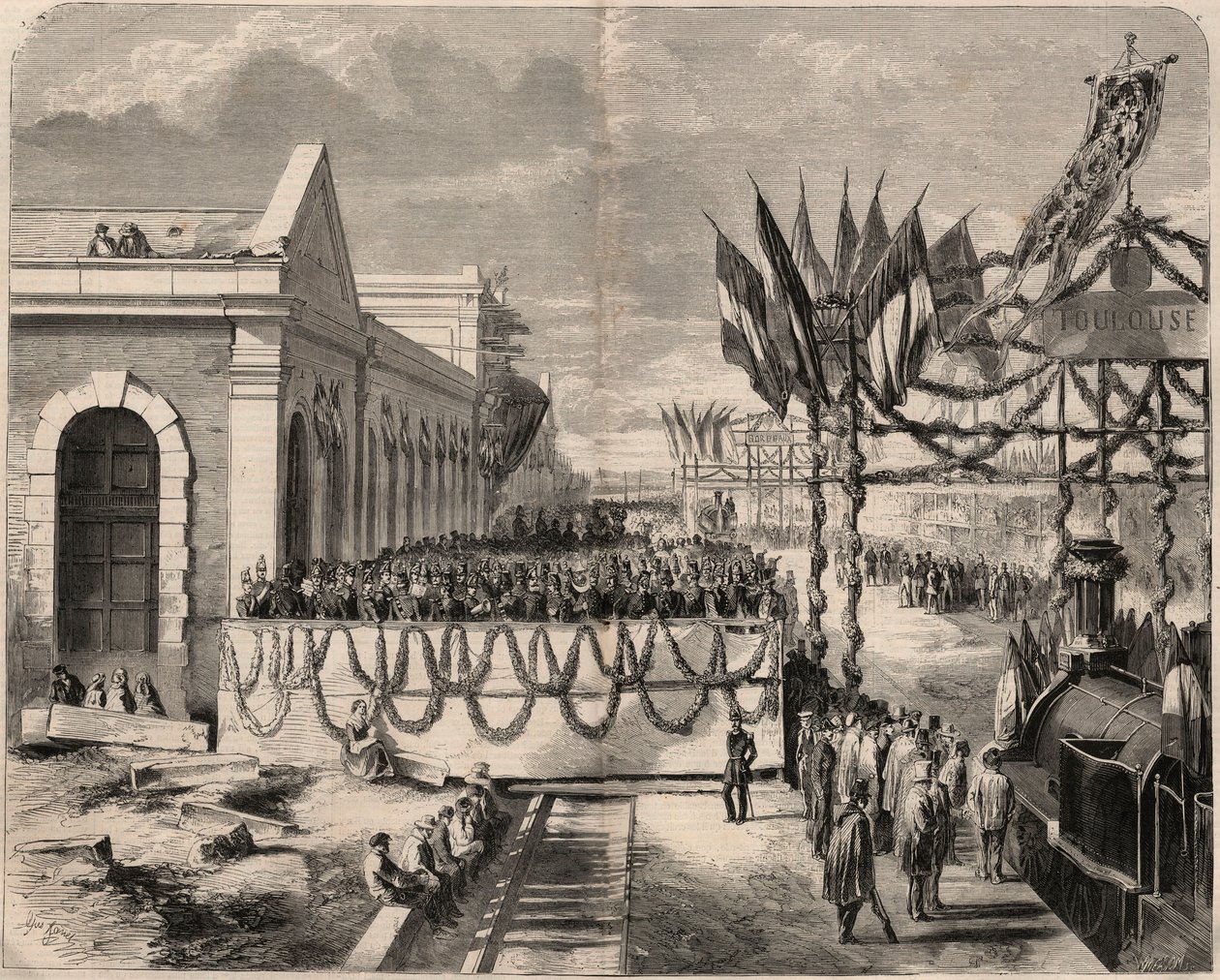 Inauguração da linha férrea de Toulouse para Sete em 1857. Gravação no "Le Monde ilustre" de 1857. Colecção privada. de Unknown artist