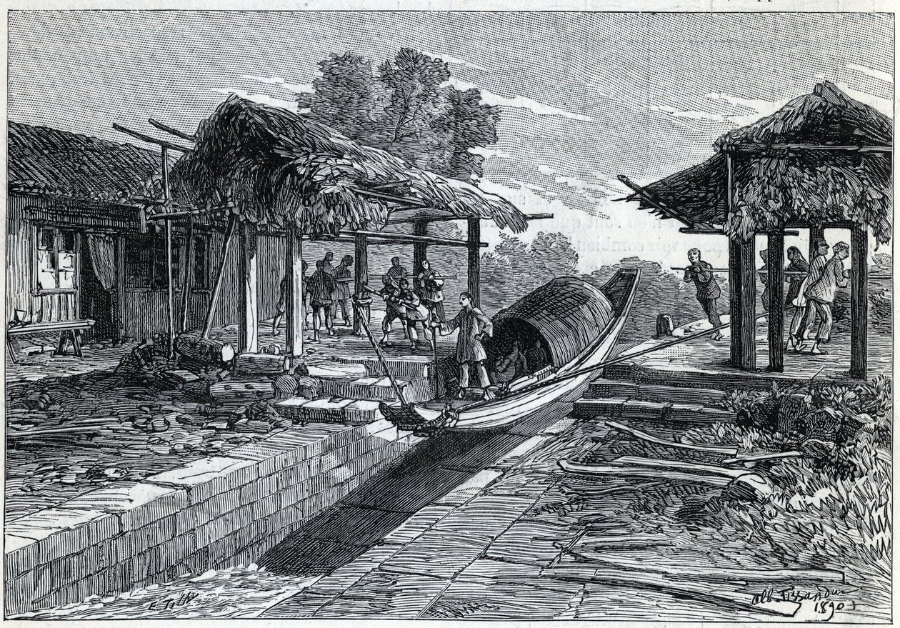 Incline o avião para barcos em Ning-Po (ou Ning Po na China). Gravura em "La Nature". de Unknown artist