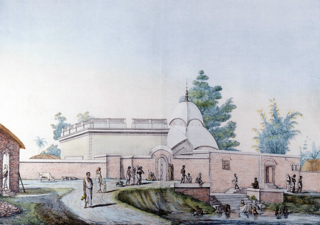Cultura e Civilização Indiana: Banho no Rio Hooghly em Calcutá (ou Kalkata), Índia. Gravura em 1808. de Unknown artist