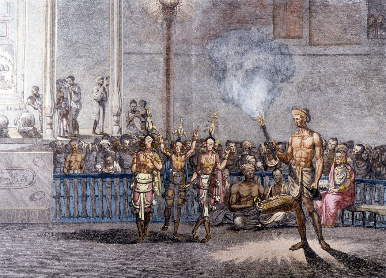 Cultura e Civilização Indiana: Dança em honra de Krishna (Krisna ou Krsna) divindade do Brahman na Índia. Gravura em 1808. de Unknown artist