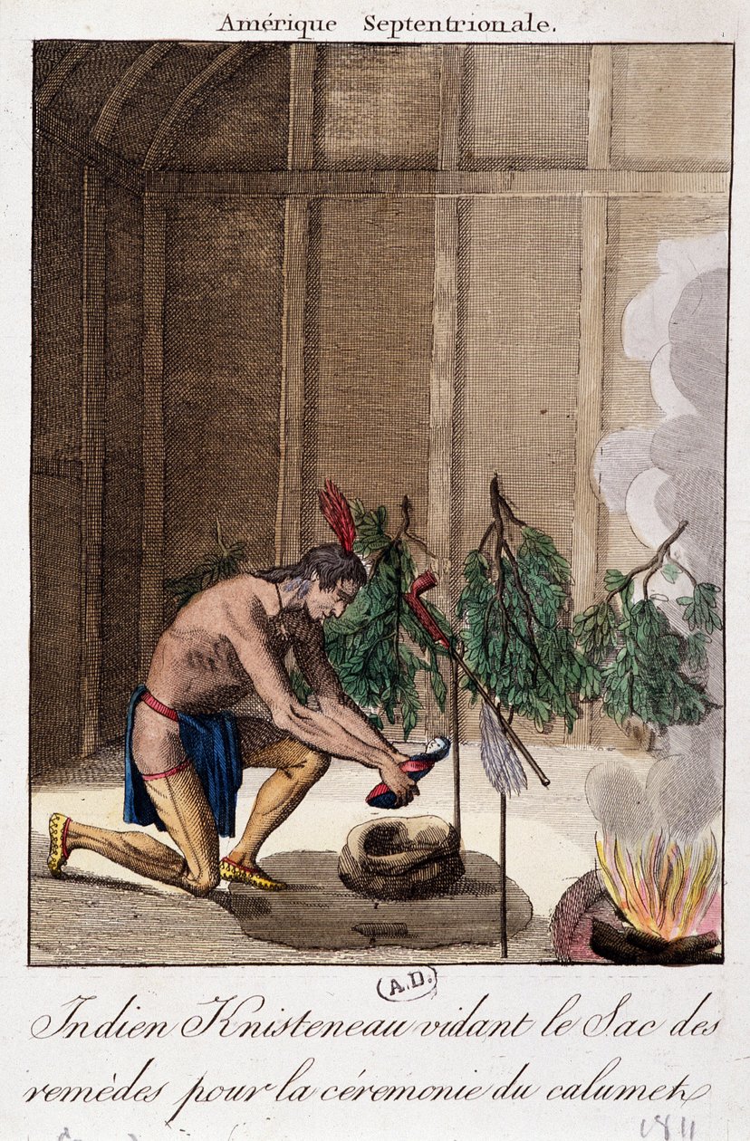 Knisteneau indiano esvaziando o saco de remédios para a cerimônia do calumet de Unknown artist
