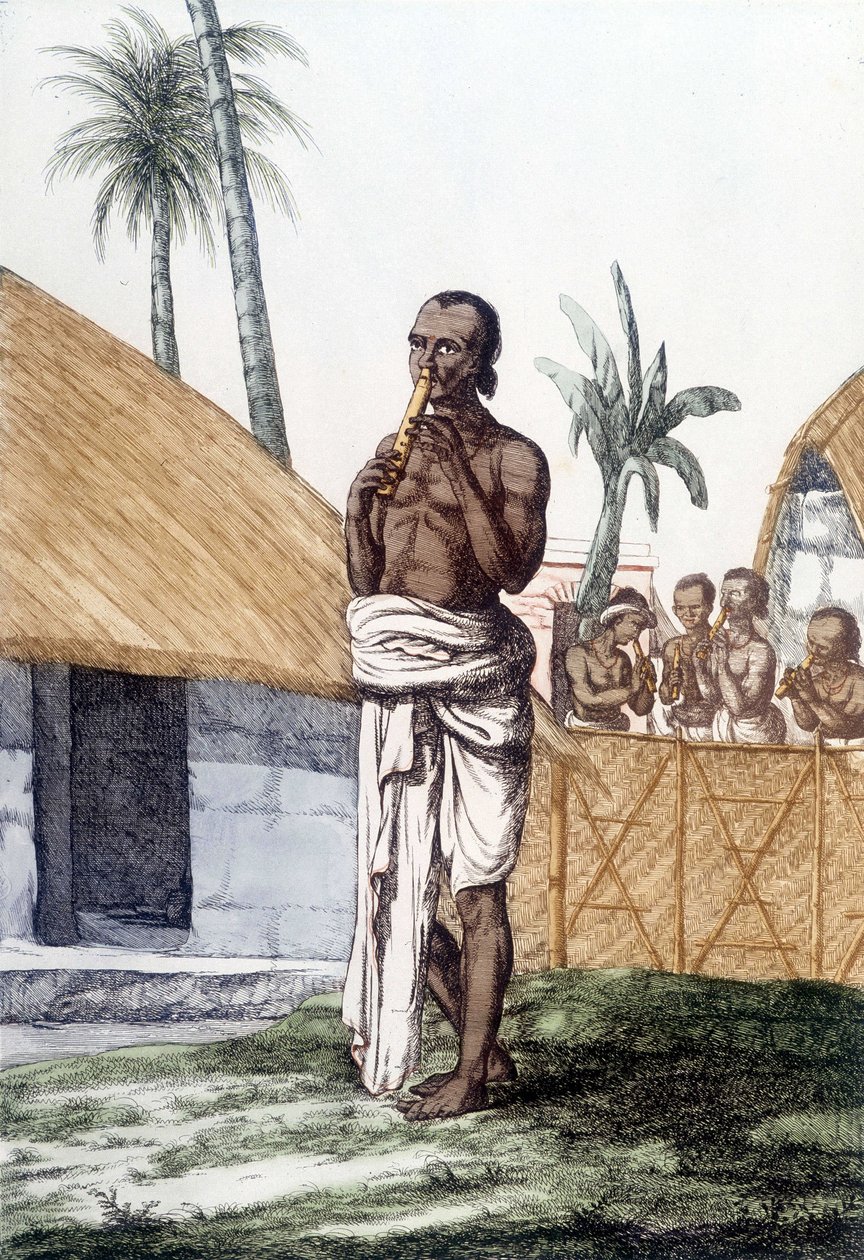 Cultura e civilização indiana: músico a tocar flauta bansuri, instrumento musical tradicional, Índia. Gravura em 1808. de Unknown artist