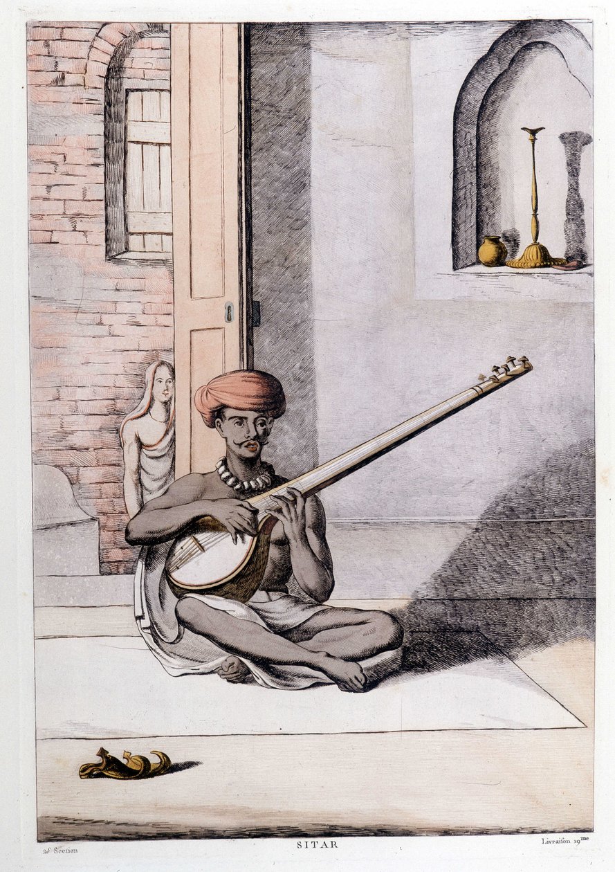 Cultura e civilização indiana: músico tocando a cítara, instrumento musical tradicional, Índia. Gravura em 1808. de Unknown artist