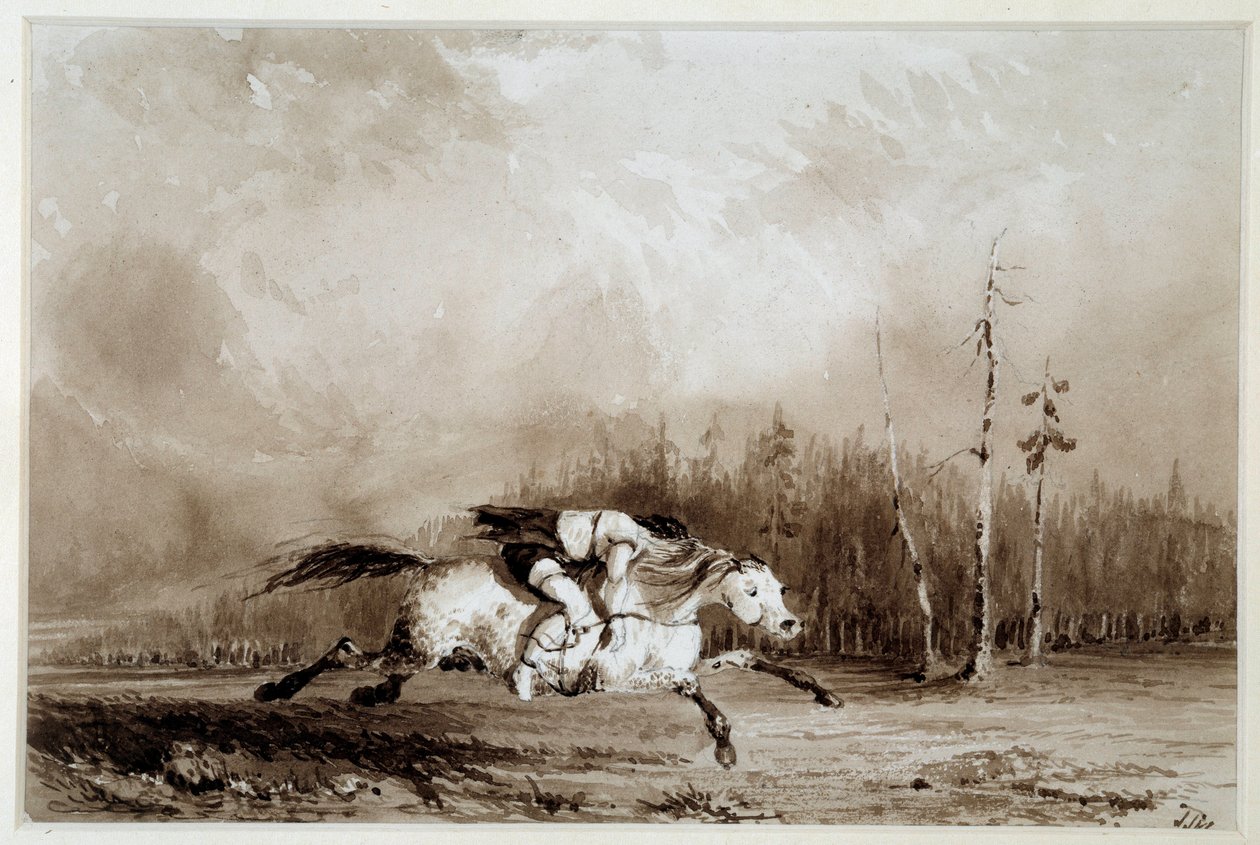 Índio da América: "Um cavalo galopando carregando um homem amarrado" Desenho anônimo. Século XIX La Rochelle, Musee du Nouveau Monde de Unknown artist