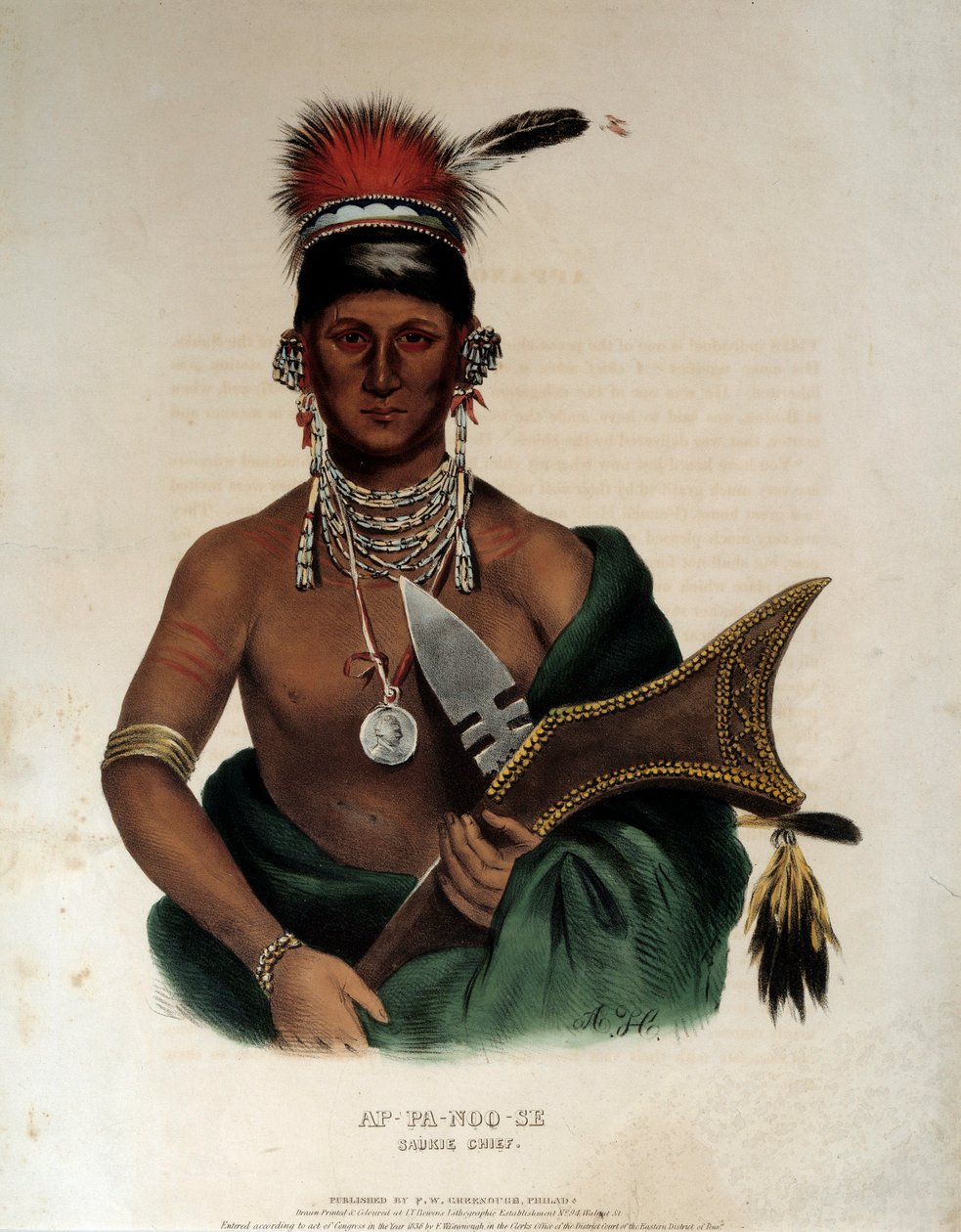 Índio da América: "Retrato de um chefe indiano do Saukie Ap Pa Noo See" Litografia anónima de 1836 La Rochelle, Musee du Nouveau Monde de Unknown artist