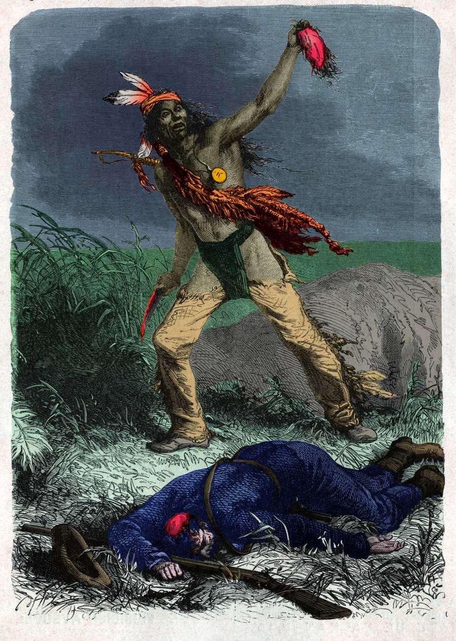 Os índios escalpam um soldado. (ilustração, por volta de 1900) de Unknown artist
