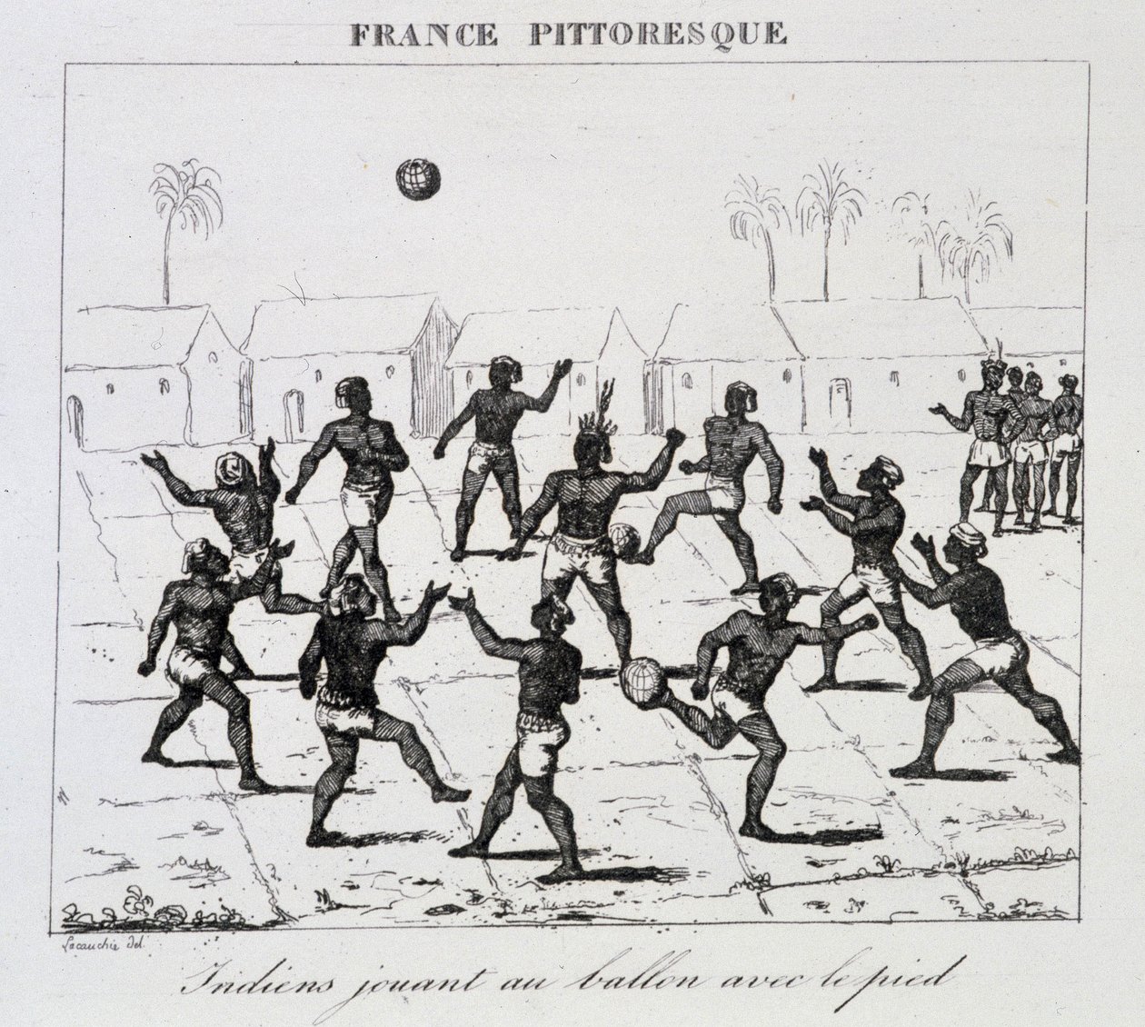 Índios (América do Sul) jogando bola com o pé de Unknown artist