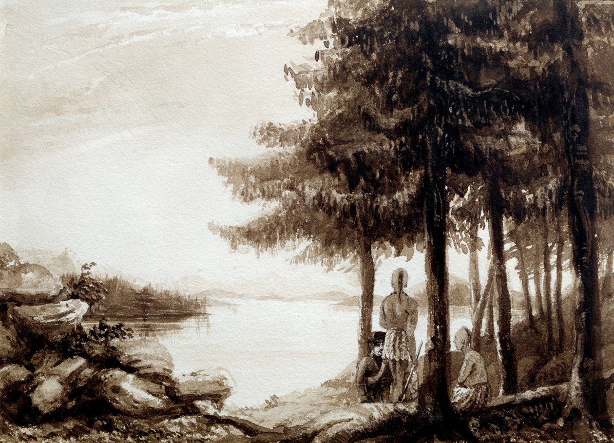 Índios nas margens de um lago. Litografia do século XIX. La Rochelle, Musee Du Nouveau Monde de Unknown artist