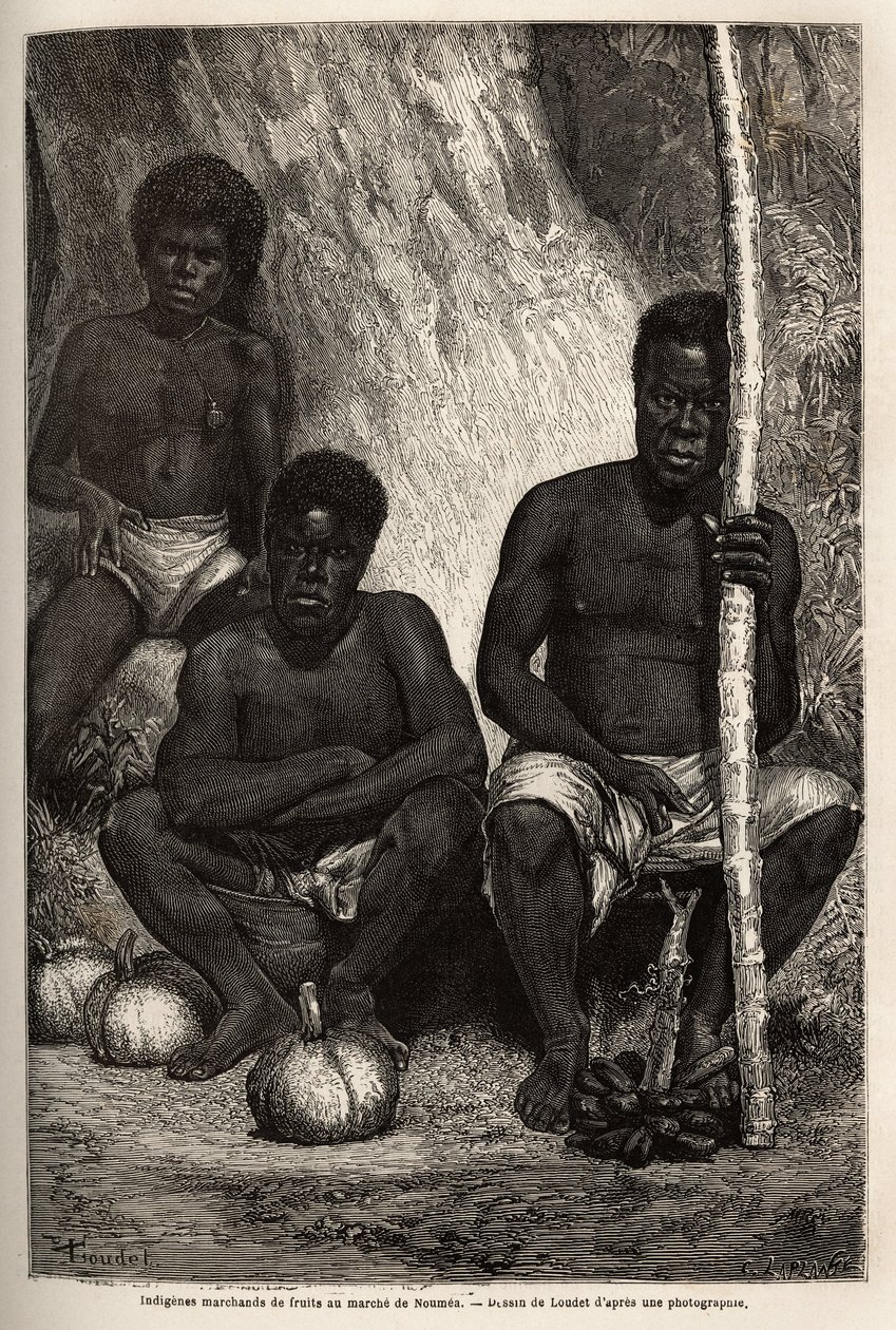 Comerciante de fruta indígena, no mercado de Noumea (Nova Caledónia). Gravura para ilustrar a viagem à Nova Caledônia de 1863 a 1866, de Jules Garnier, engenheiro civil de minas, no "Le tour du monde, nouveau journal des voyages" publicado sob o título "Le de Unknown artist