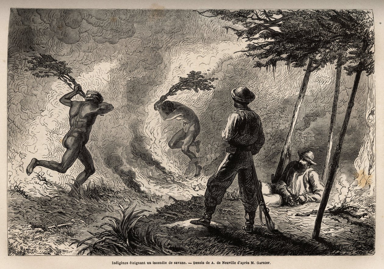 Os kanaks indígenas acenderam um fogo de savana, que eles próprios acenderam para caçar mosquitos, diante dos olhos do narrador e de seu companheiro de viagem. Gravura para ilustrar a viagem à Nova Caledônia de 1863 a 1866, por Jules Garnier, engenheiro ci de Unknown artist