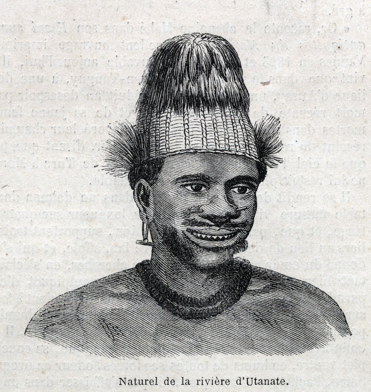 Povo indígena da Nova Guiné (Nova Guiné): natural do rio Utamate. Gravura em "The Illustrous Universe" (O Universo Ilustroso) de Unknown artist