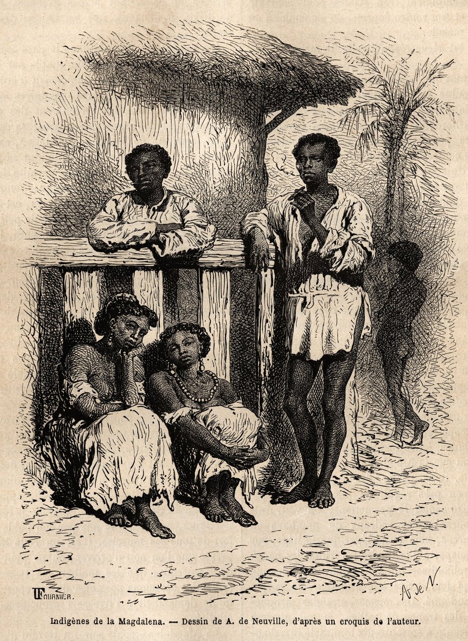 Povos indígenas da Magdalena (rios), nas ruas da cidade de Mompox (Colômbia). Gravura para ilustrar a viagem a Nova Granada, pelo Dr. Saffray, em 1869, publicada em "Le tour du monde" 1872, editada por Edouard Charton, edição Hachette, de Unknown artist