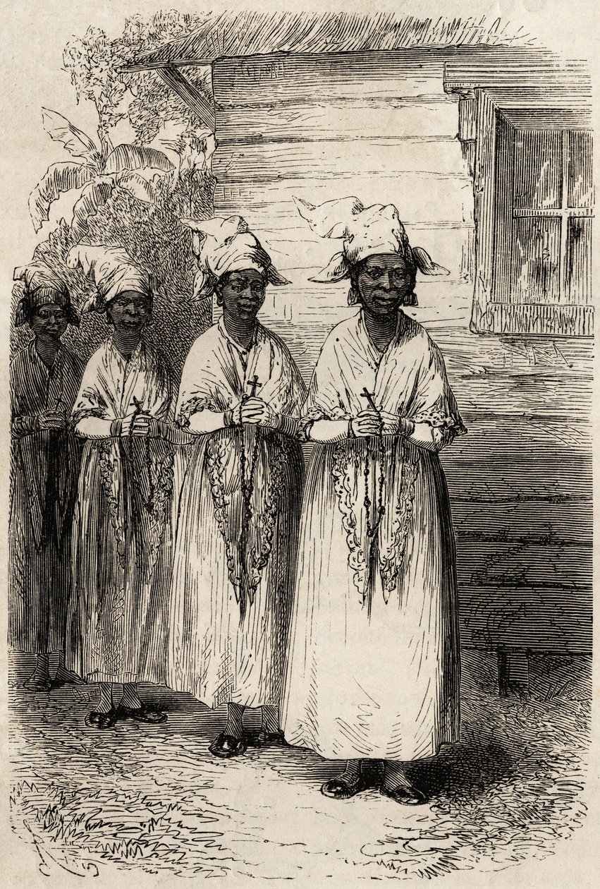 Mulheres indígenas da Guiana, na procissão católica do Fete Dieu. Gravura para ilustrar a viagem na Guiana Francesa em 1862-1863, de Frederic Bouyer, capitão de fregate, no "Le tour du monde, nouveau journal des voyages", publicado sob o dir de Unknown artist