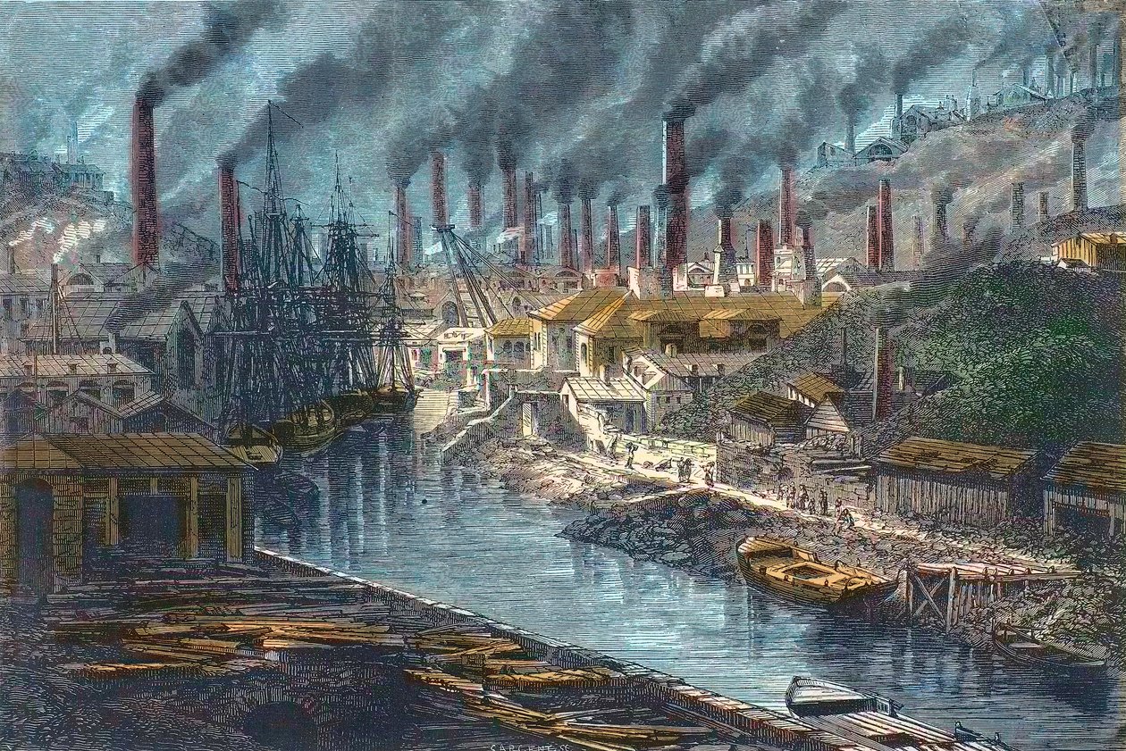 Revolução Industrial - Revolução Industrial: Visão geral da fábrica de cobre do Sr. Vivian em Swansea, País de Gales - Reino Unido (País de Gales) - Reino Unido de Unknown artist