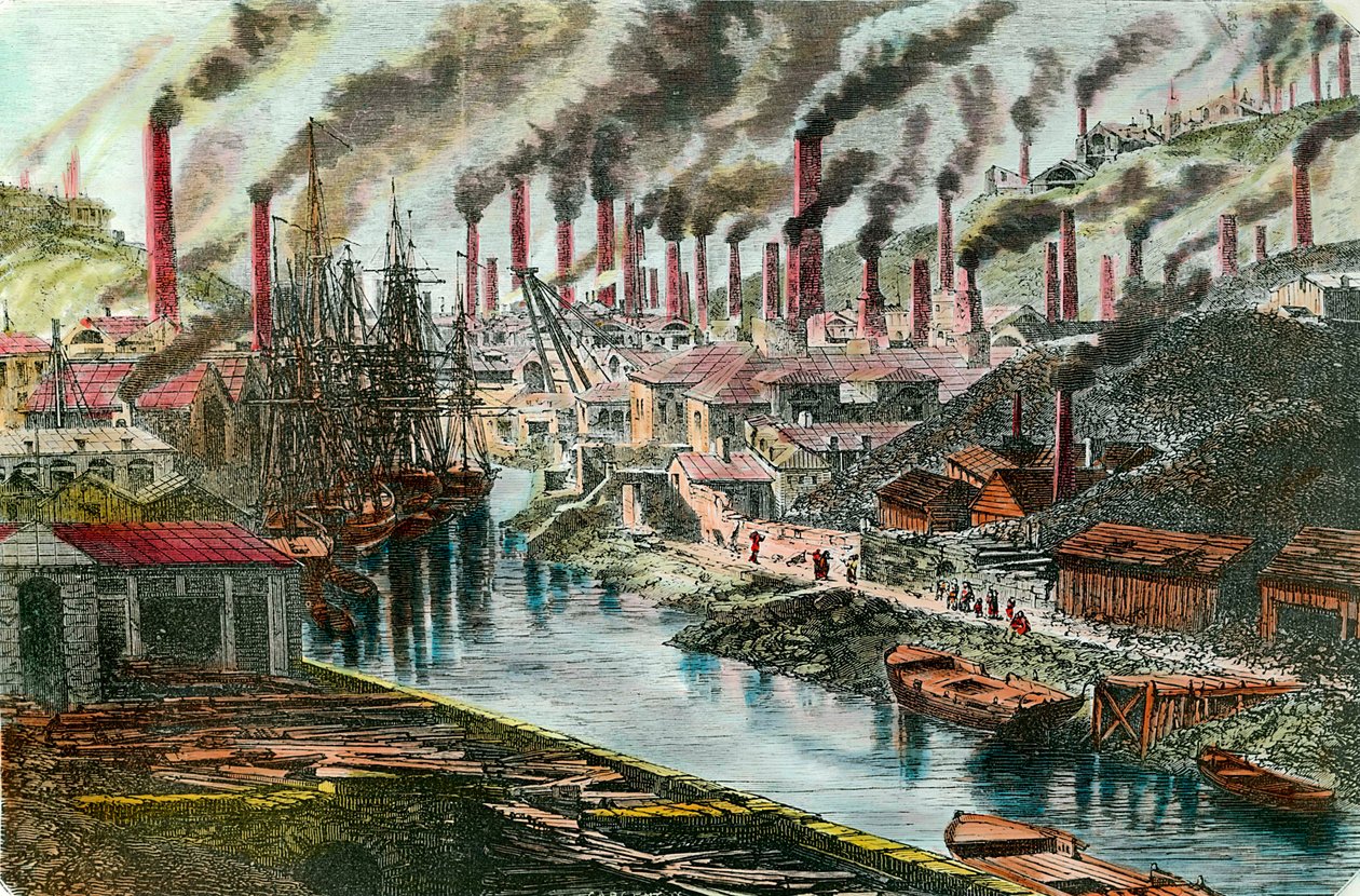 Revolução Industrial: Visão geral da fábrica de cobre do Sr. Vivian em Swansea, País de Gales. Gravura do século XIX. Colecção privada. de Unknown artist