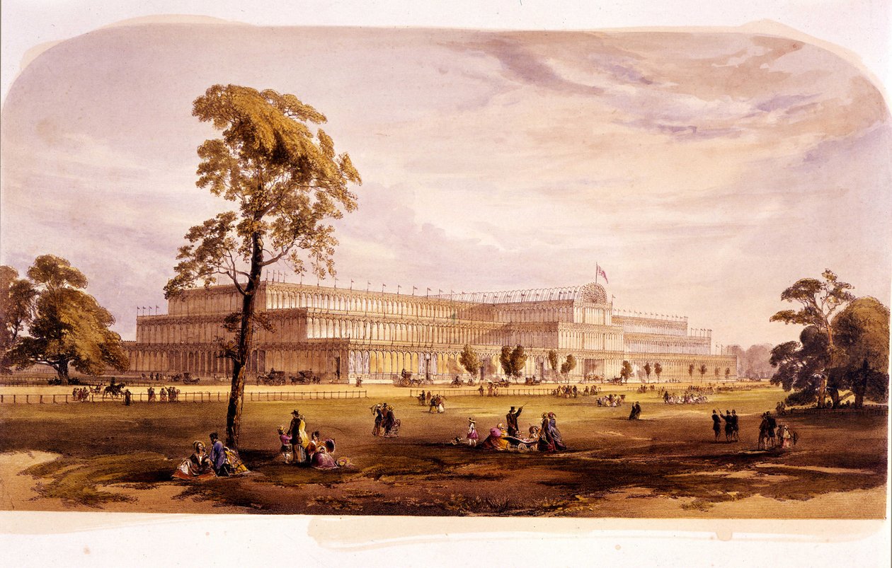 Revolução industrial: vista do Palácio de Cristal, construído por Joseph Paxton para a Exposição Mundial de 1851 em Londres (Hyde Park) Século XIX de Unknown artist