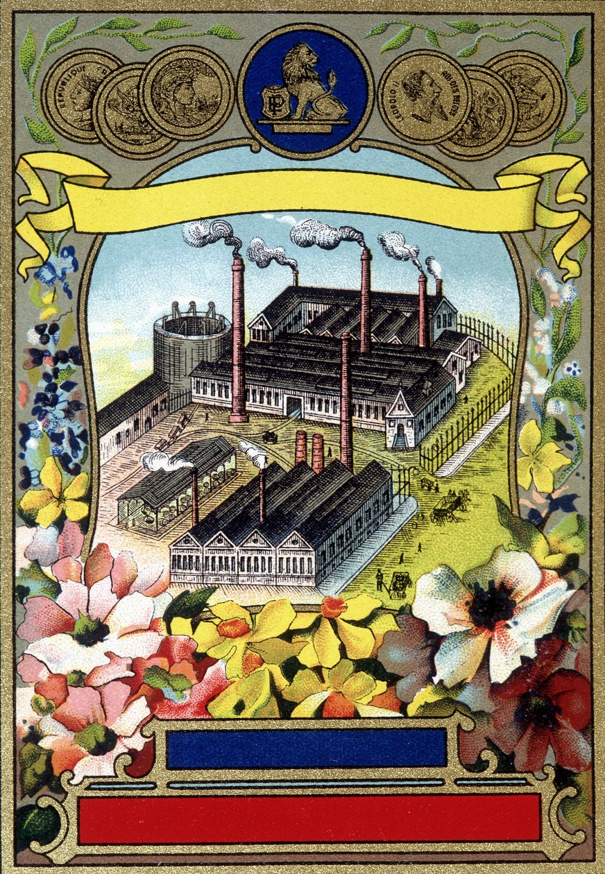 Industrialização: Vista aeriana de uma fábrica. Cromolitografia do final do século XIX. de Unknown artist