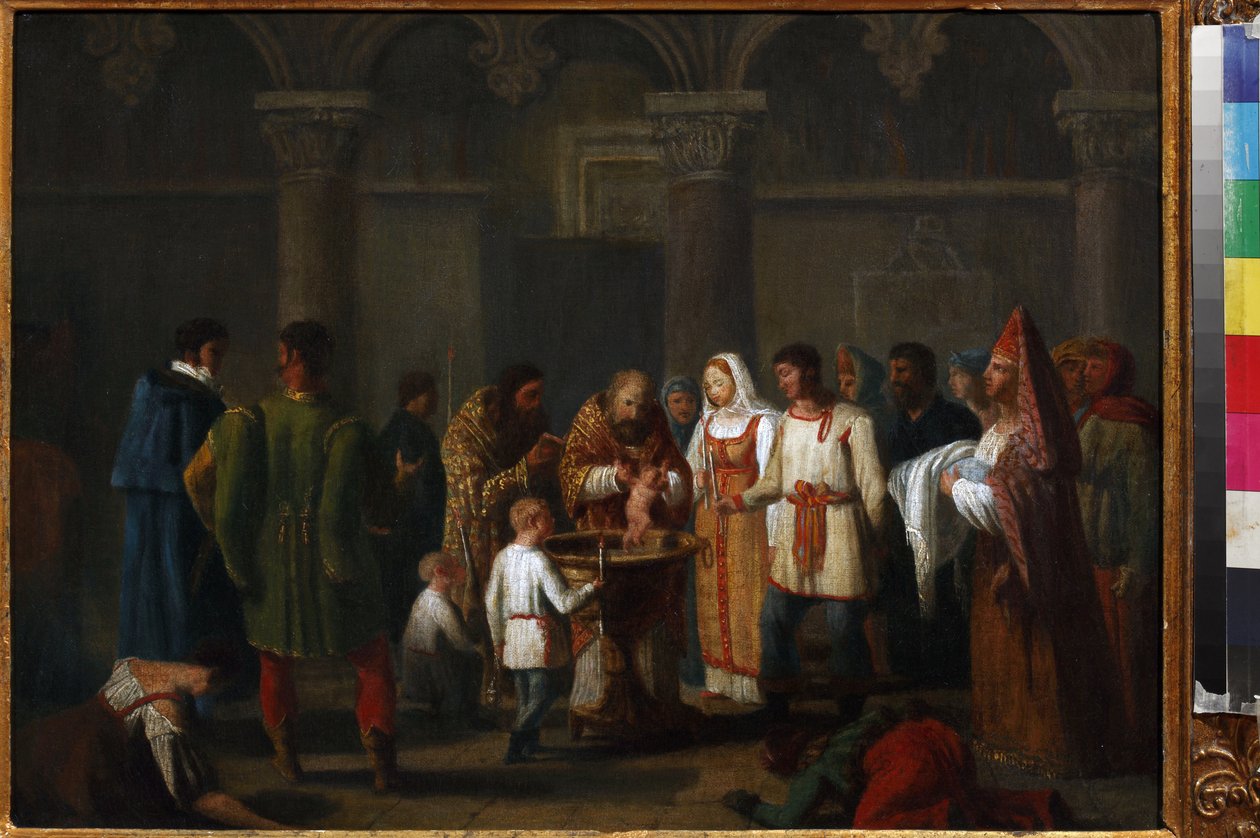 Baptismo Infantil, Anónimo. Óleo sobre tela, Início do 19º cen., Museu Estatal de A.S. Pushkin, Moscovo de Unknown artist