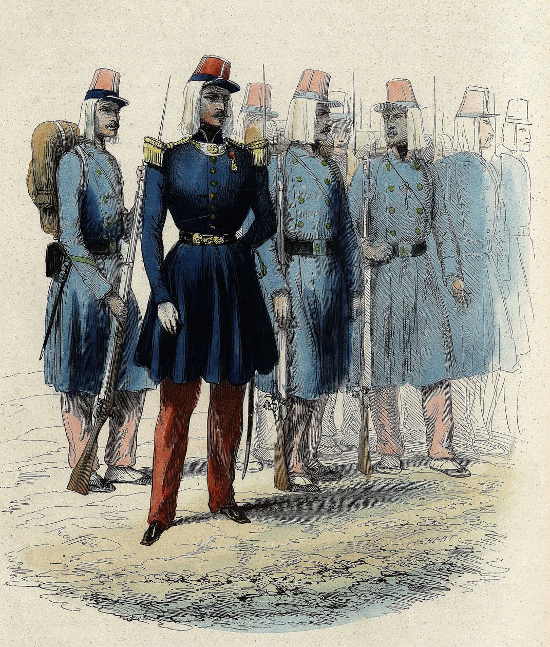 Infantaria do exército francês em 1830 na Argélia, oficial, sargento e soldados, In "L