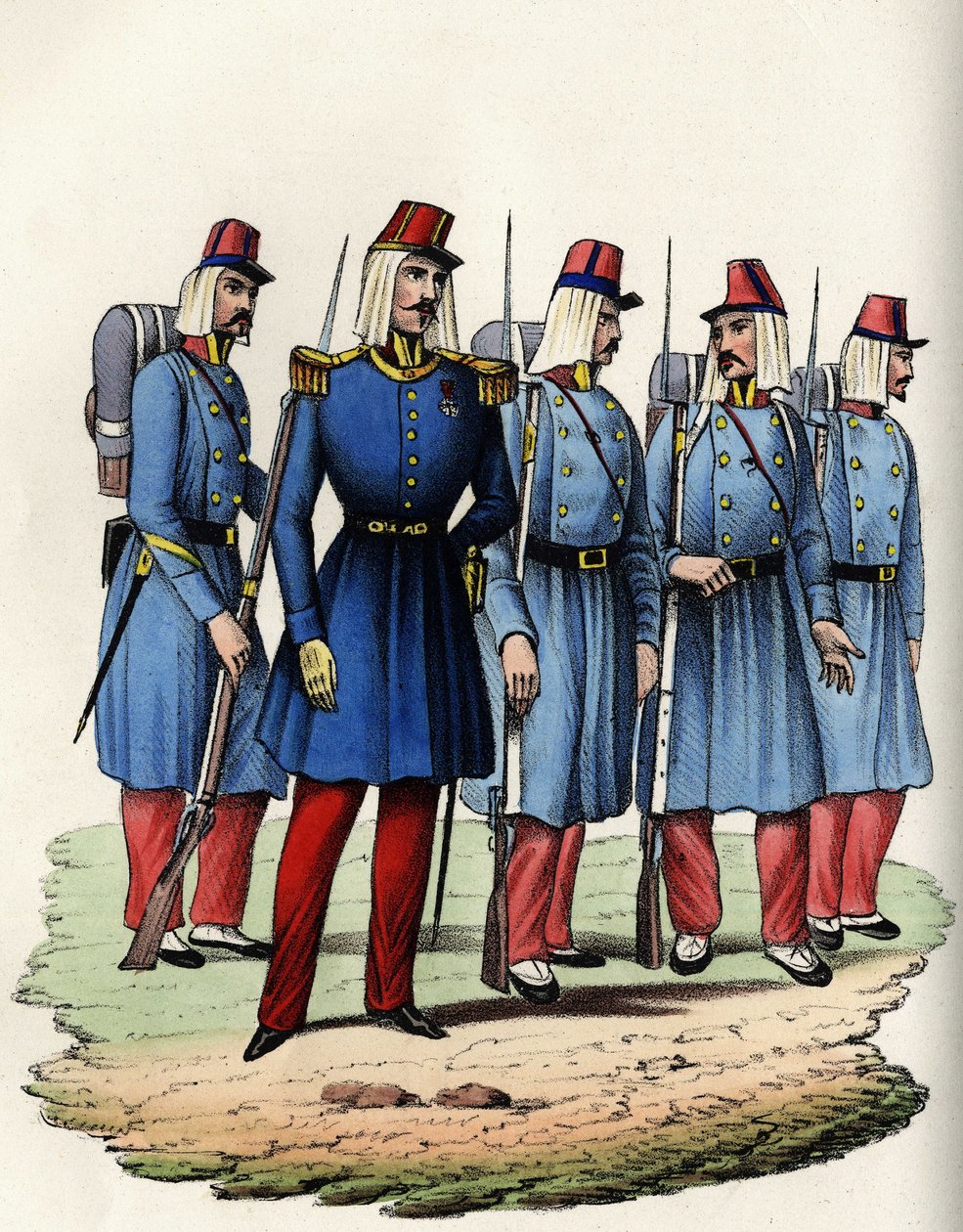 Infantaria do exército francês de África; oficial, sargento e soldados na Argélia em 1830. Em "Storia d