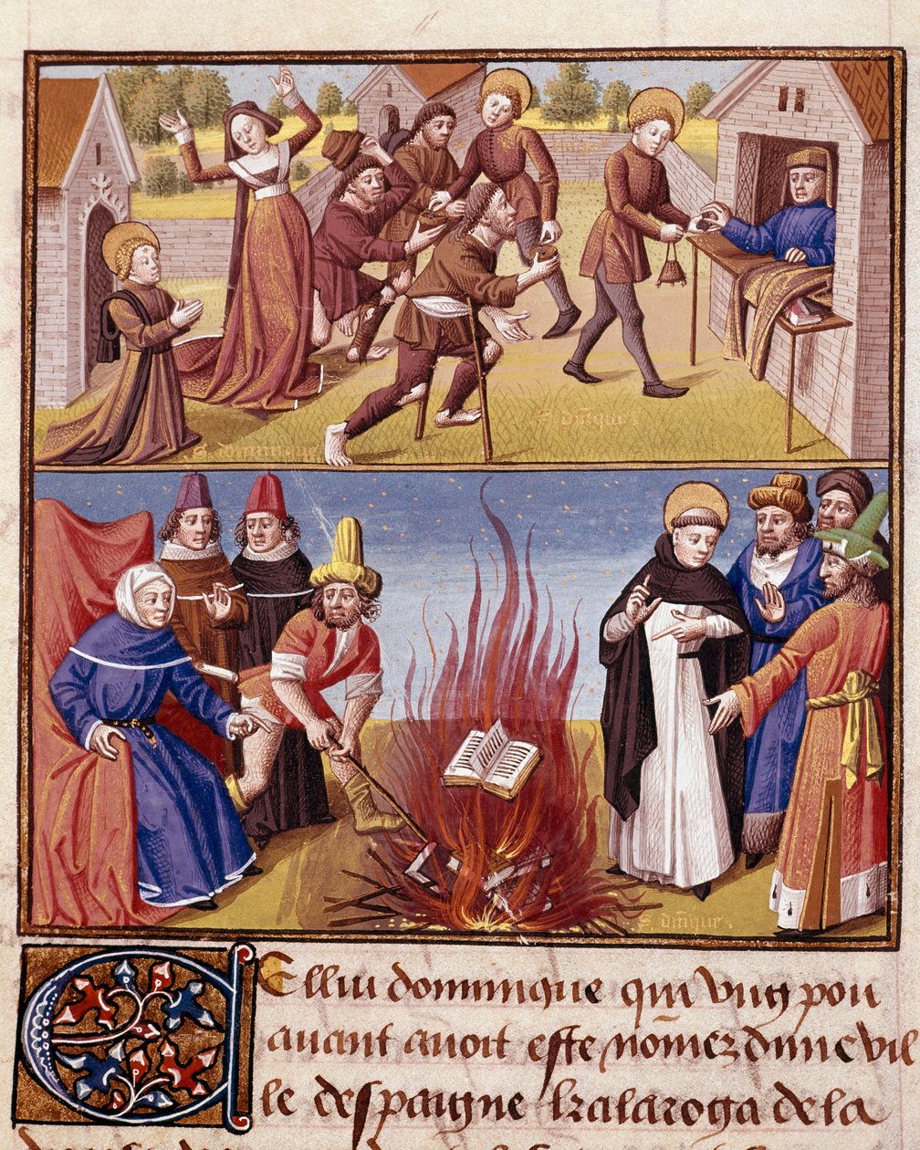 Inquisição "Autodafe preside por São Domingos de Guzman (1170-1221), fundador da Ordem Dominicana, eproof of the fire of the heretical book and the orthodox book" Miniatura em "Le miroir historiale" (Speculum Historiale) (ms. 1196, fol. 372) por de Unknown artist