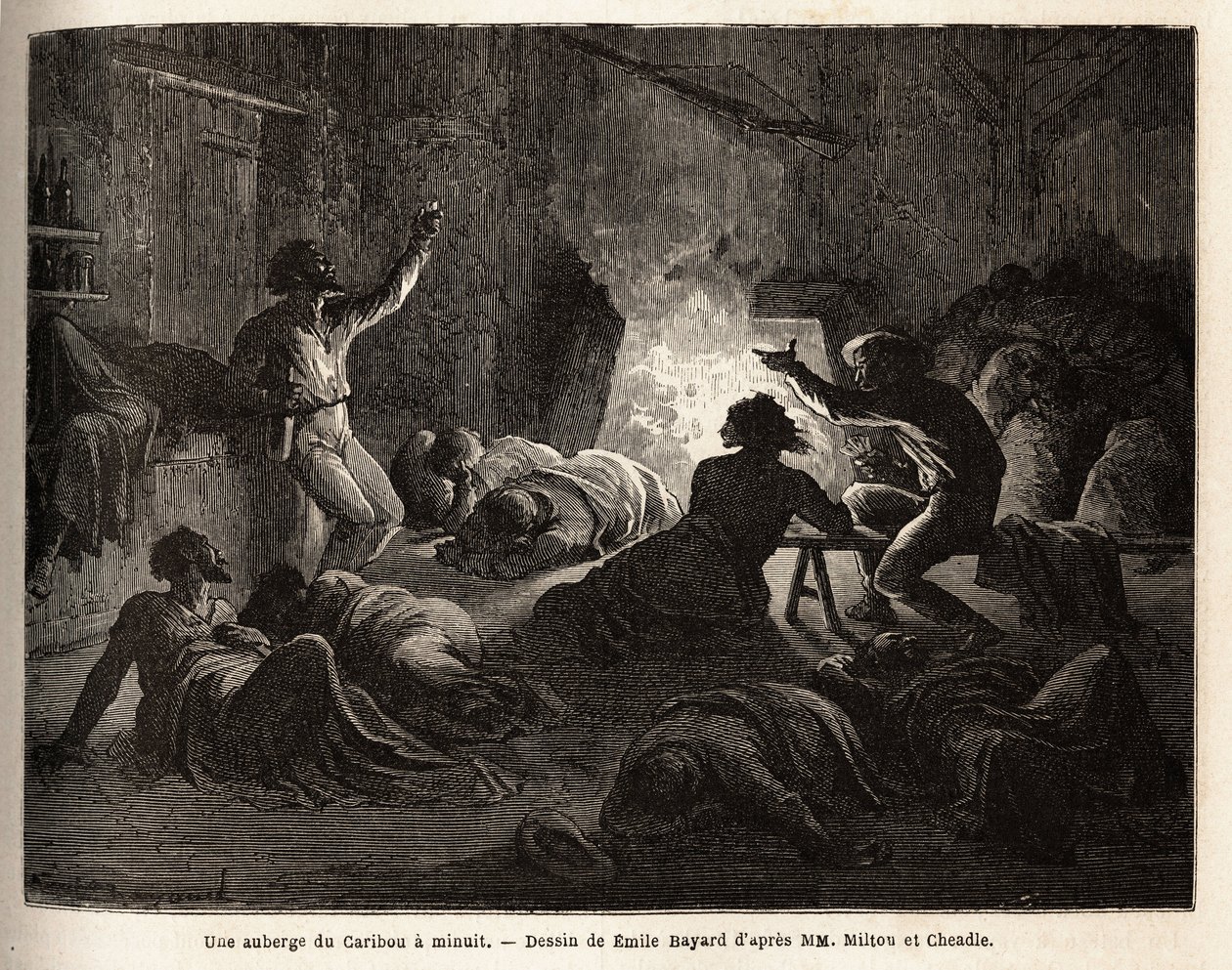Dentro de um Caribou Inn (Canadá), à meia-noite, caçadores e mineiros intoxicados cantam, depois caem no chão, ou adormecem em um cobertor. Gravura para ilustrar a viagem do Atlântico para o Pacífico (route du nord ouest par les terres), em 1862-1864 b de Unknown artist