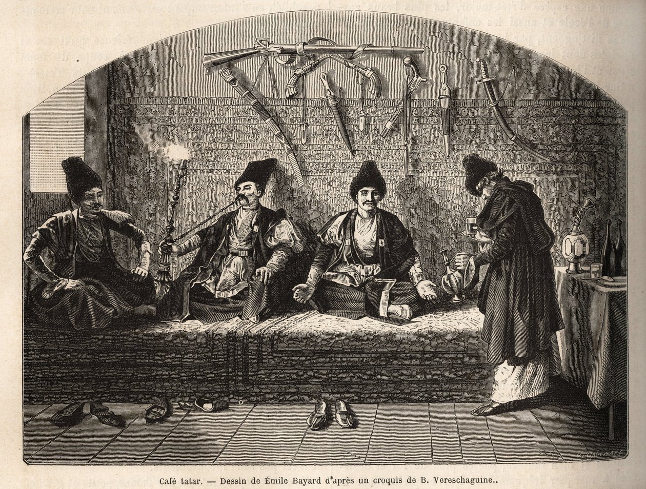 Dentro de um café Tatar em Schoucha (Transcaucasia, Rússia), onde os homens se encontram para tomar chá e fumar narguilé. Gravura para ilustrar a viagem nas províncias do Cáucaso, por Basile Vereschaguine, em 1864-1865, publicada em "le tour du monde", sob de Unknown artist