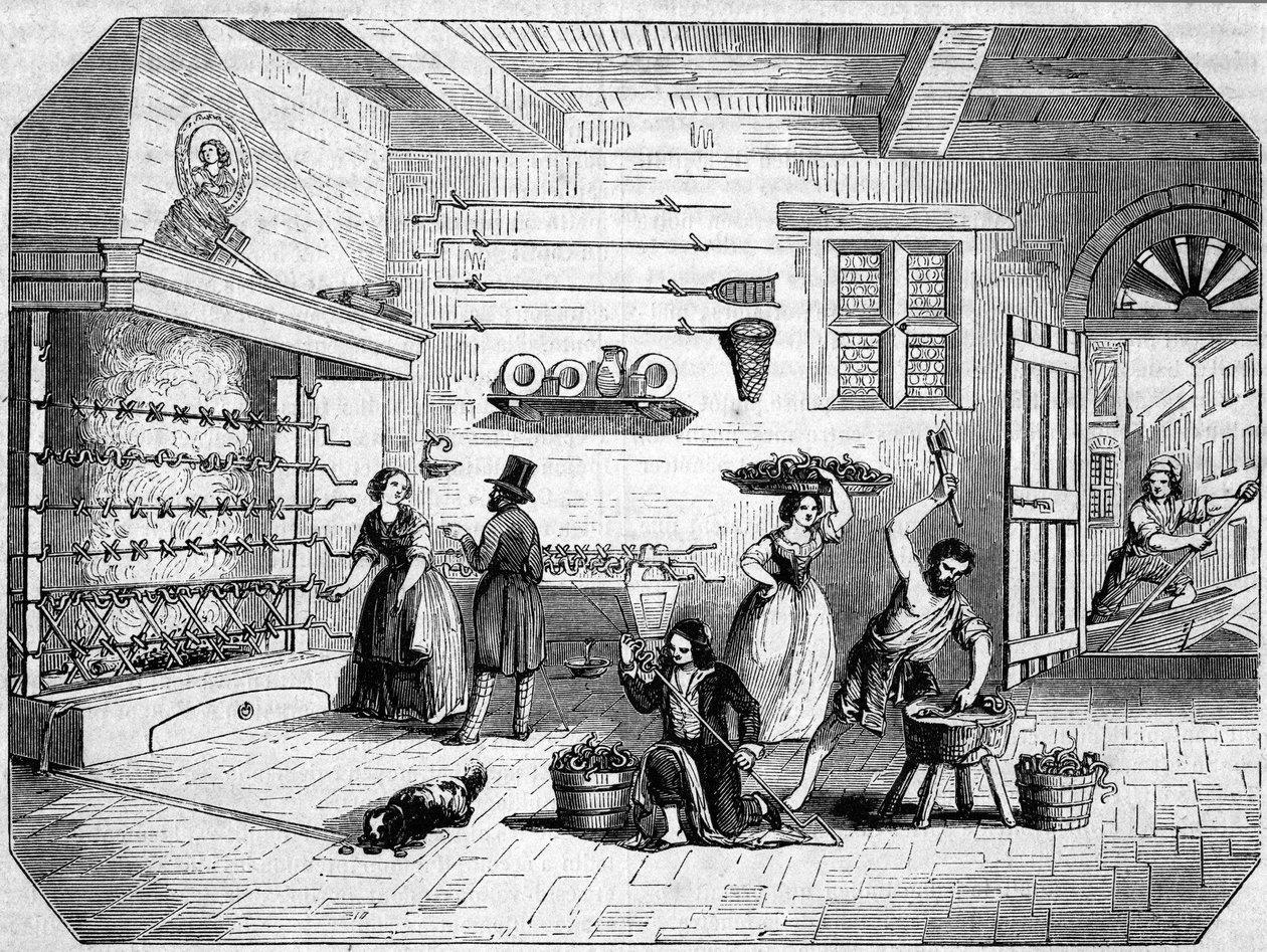 Dentro de uma fábrica de enguias marinhas em Comacchio, Itália. de Unknown artist