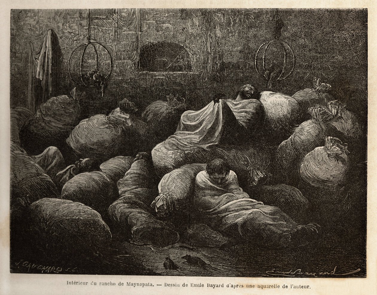 Dentro de um rancho de Maynapata (Baixo Peru), surpreendido por uma tempestade de neve, os viajantes refugiam-se numa casa de lama e descansam e aquecem-se no meio de sacos de batata e milho. Gravura para ilustrar a viagem nos vales de Quinquinas (Peru), p de Unknown artist