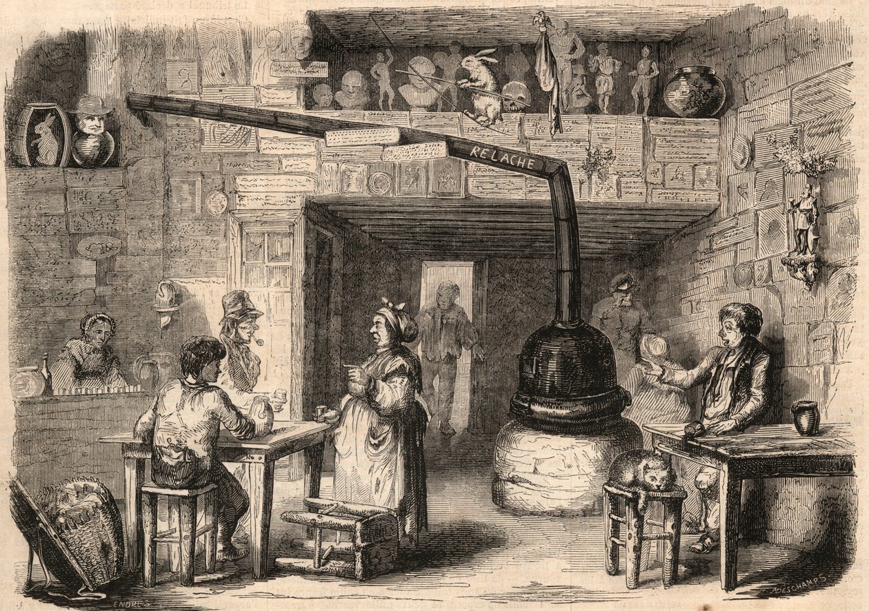 Dentro do cabaret le Lapin Blanc (Rabbit-Blanc), rue aux feves em Paris antes da sua demolição. Uma taverna que remonta à primeira vez da monarquia. Gravura em "Le Monde illustrious" de 1862. Colecção privada. de Unknown artist