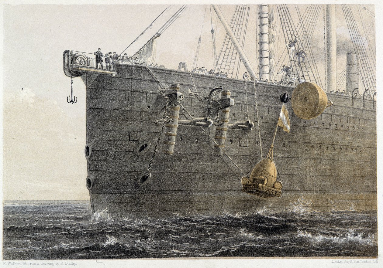 Instalação de cabo submarino em 1858 (bóia de referência) - no "The Atlantic Telegraph" de W. H. Russel, cerca de 1860 de Unknown artist