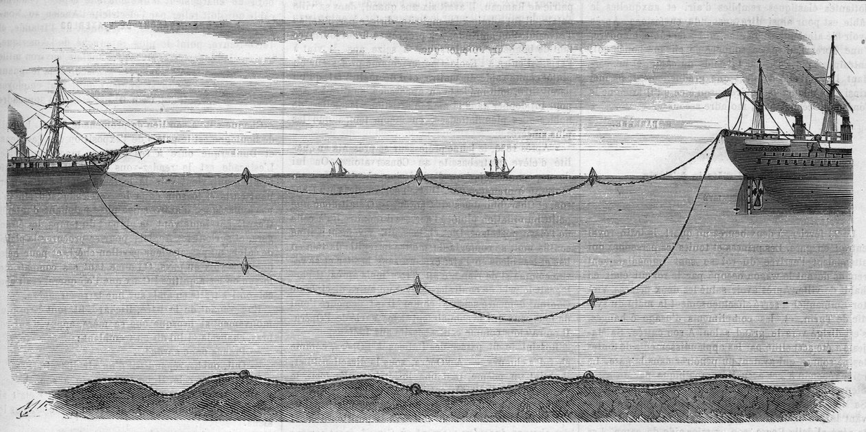 Instalação do cabo eléctrico trasatlântico destinado a ligar a Europa à América em 1865. Sistema de bóia utilizado para evitar que o cabo eléctrico se parta durante a instalação. O navio responsável pela operação era o Great Eastern. Gravação a partir de 1 de Unknown artist