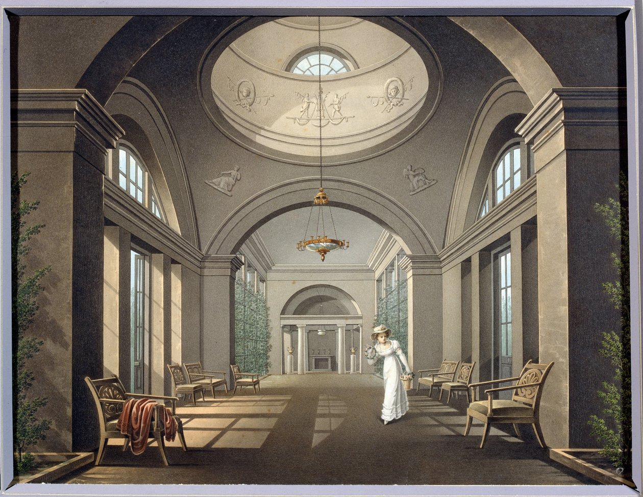 Interieur de la voliere dans le palais Pavlovsk (Interior do aviário no palácio de Pavlovsk). Peinture anonyme. Aquarelle et encre, milieu 19e siecle. Classicisme. Museu Estatal ao ar livre Palácio de Pavlovsk, São Petersburgo. de Unknown artist