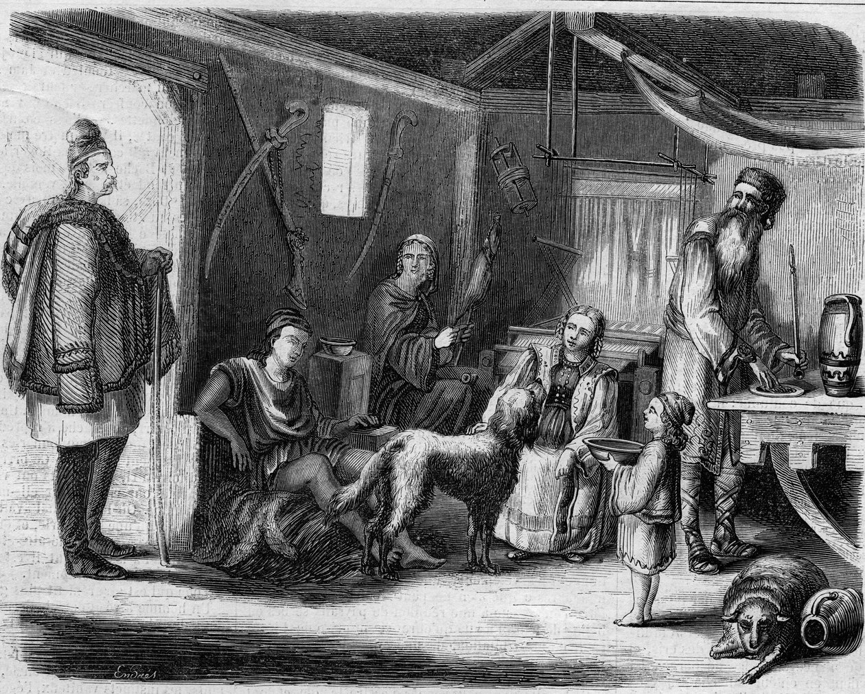 Interior de uma casa de camponeses sérvios nos arredores de Belgrado, em 1859. de Unknown artist
