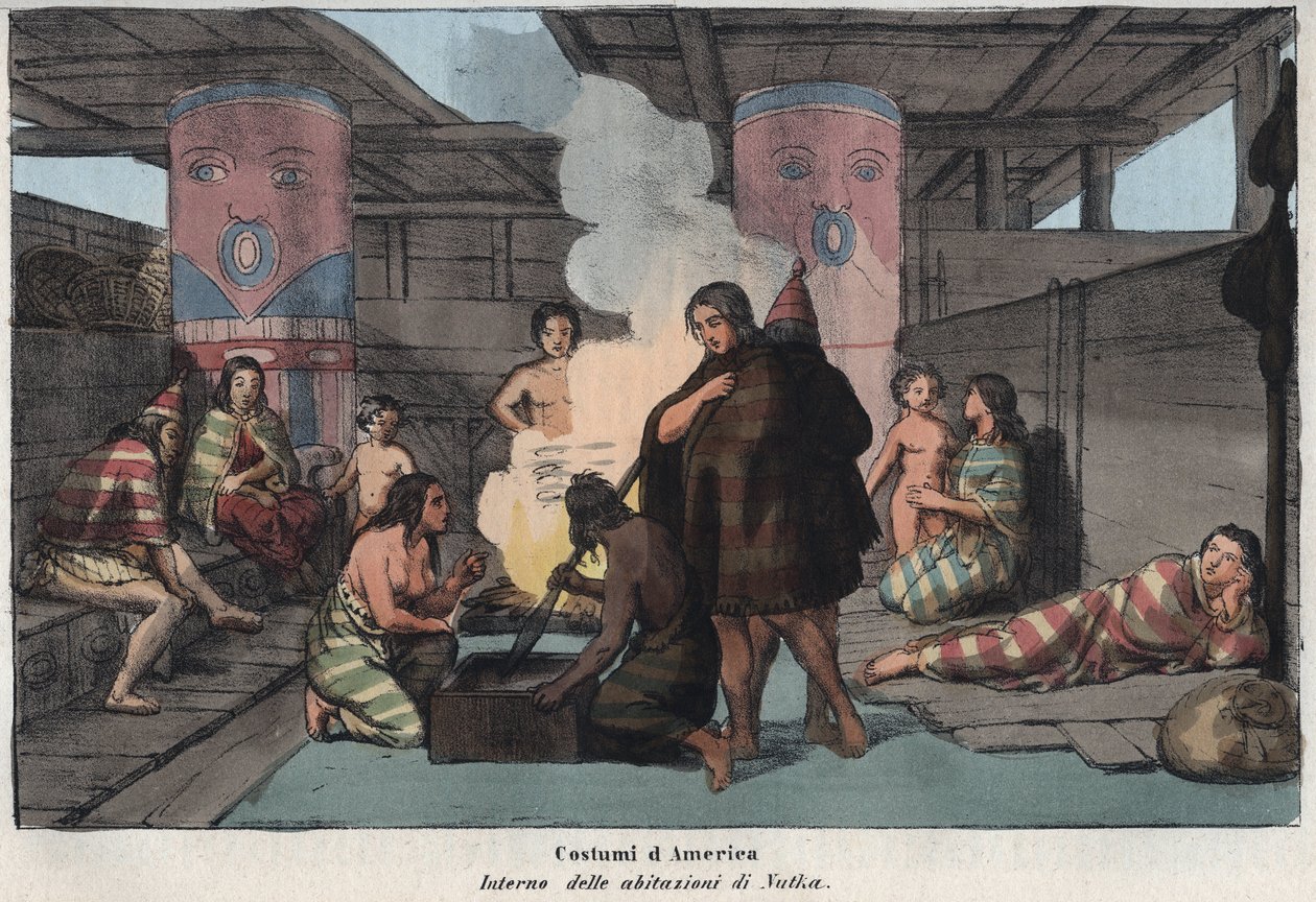 Interior de uma grande casa comunal em Nootka Sound, com os aldeões fumando e secando peixe, dormindo e cuidando das crianças - (Ilha Nootka) - "Interieur d