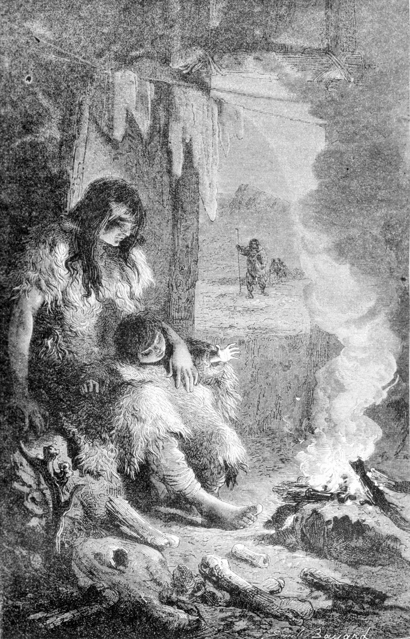 Interior de uma cabine pré-histórica. Gravura do século XIX. de Unknown artist