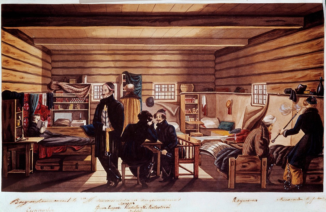 Interior do Cheta Casemate: Reunião política dos Decembristas (ou Decabristas) dos russos envolvidos na tentativa de golpe em São Petersburgo a 14 de Dezembro de 1825 para obter uma constituição moderna do regime. Gravura de Unknown artist