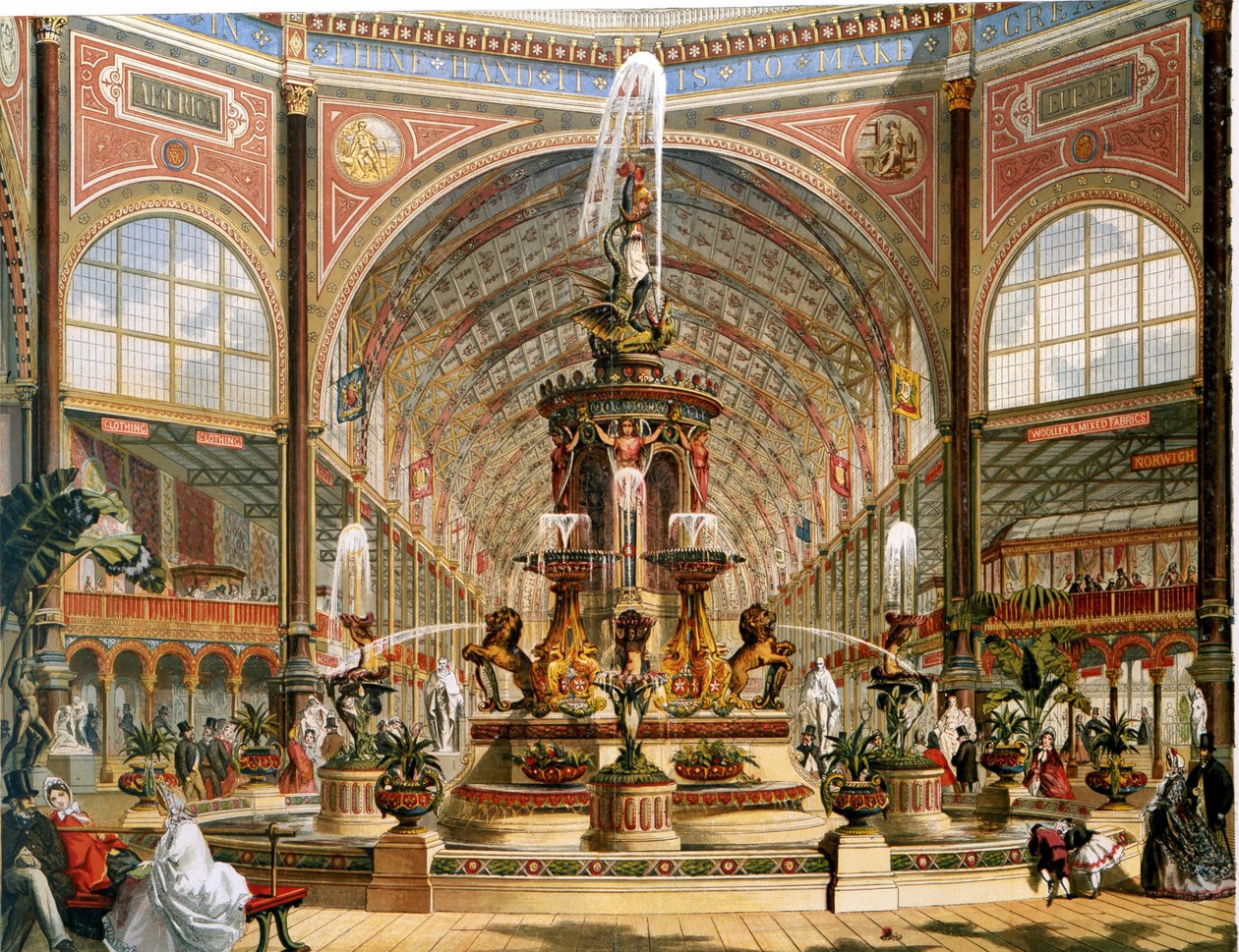 Interior do Palácio de Cristal durante a Exposição Internacional de 1862. Fonte em majólica de Minton. Cromolitografia. de Unknown artist