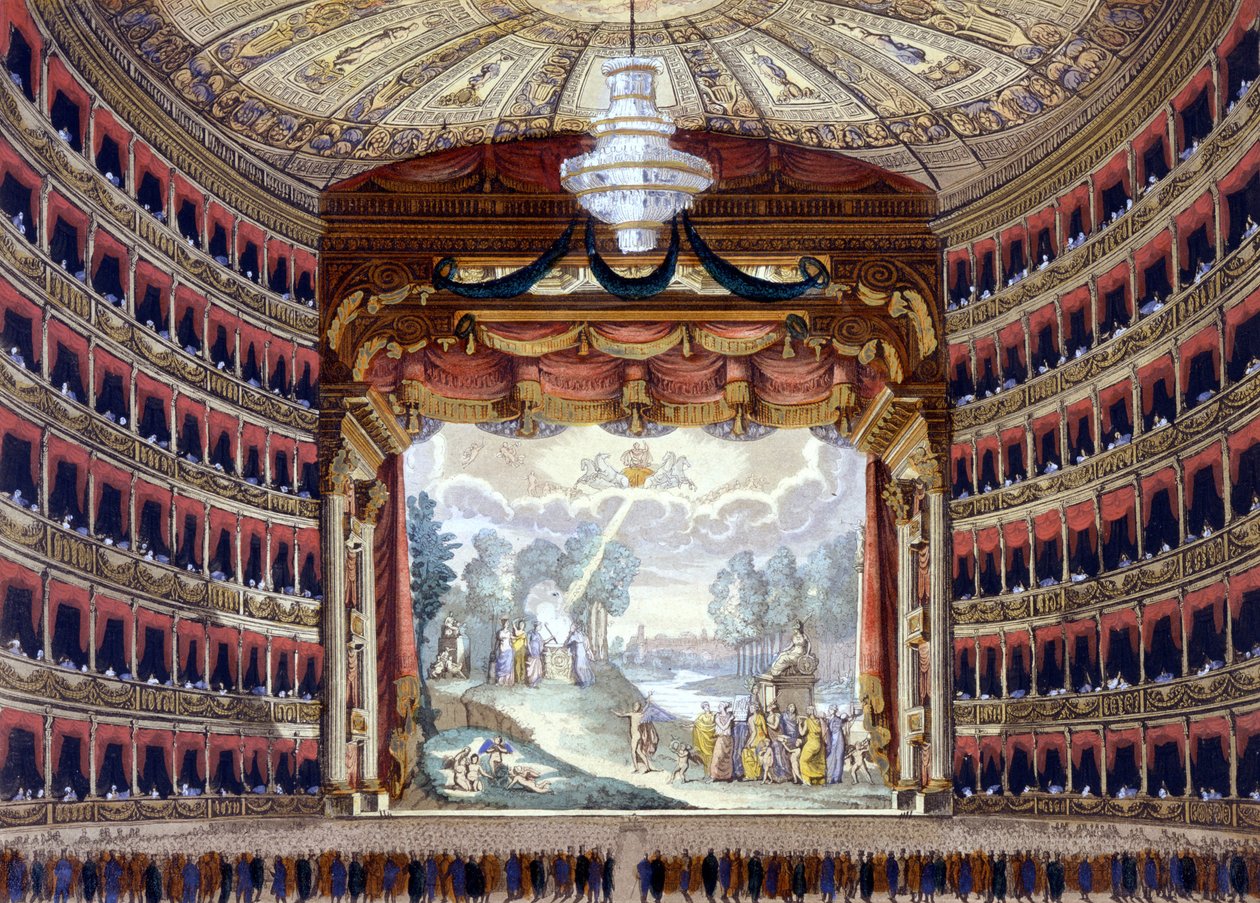 Interior do Teatro de la Scala, em Milão. Gravura anterior a 1850. de Unknown artist