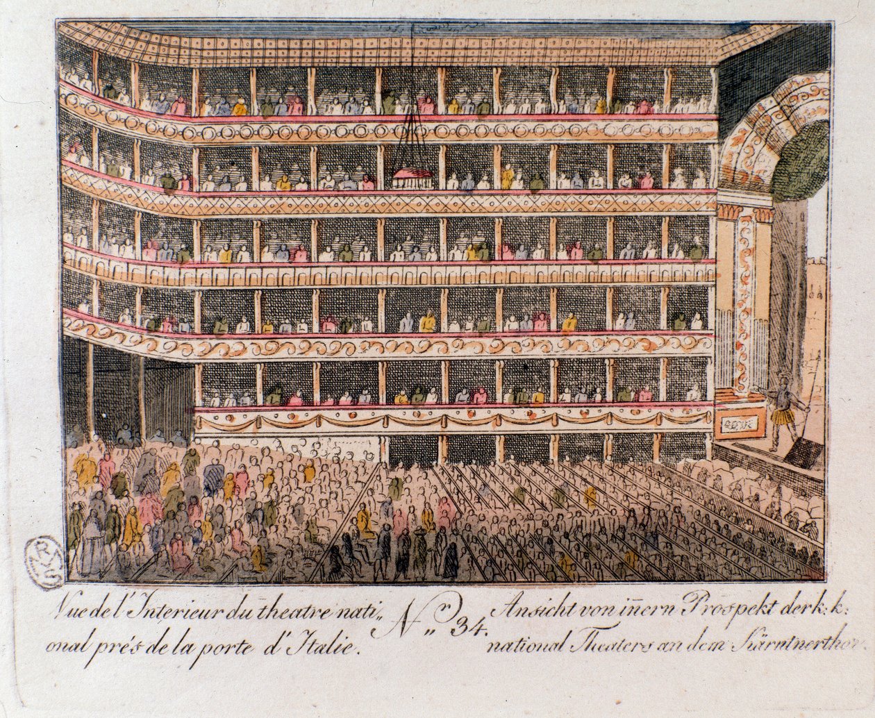 Vista interior do Teatro Nacional perto do Portão Italiano em Viena, Áustria. (Vista interior do Teatro Nacional, Viena, Áustria) a Gravura da Colecção Privada de 1815 de Unknown artist